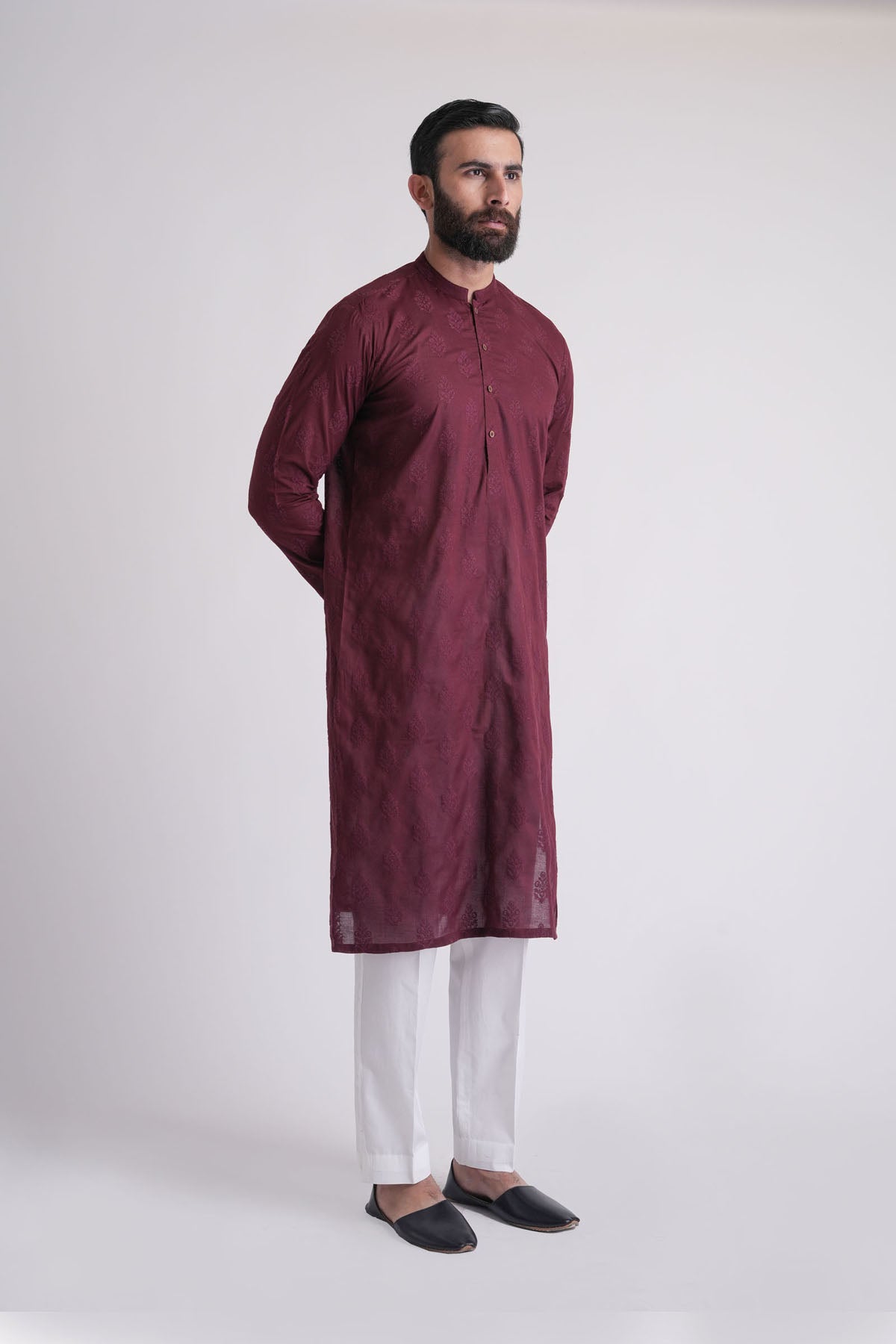 Maroon Embroidered Cotton Kurta (2-Piece) - Image 1