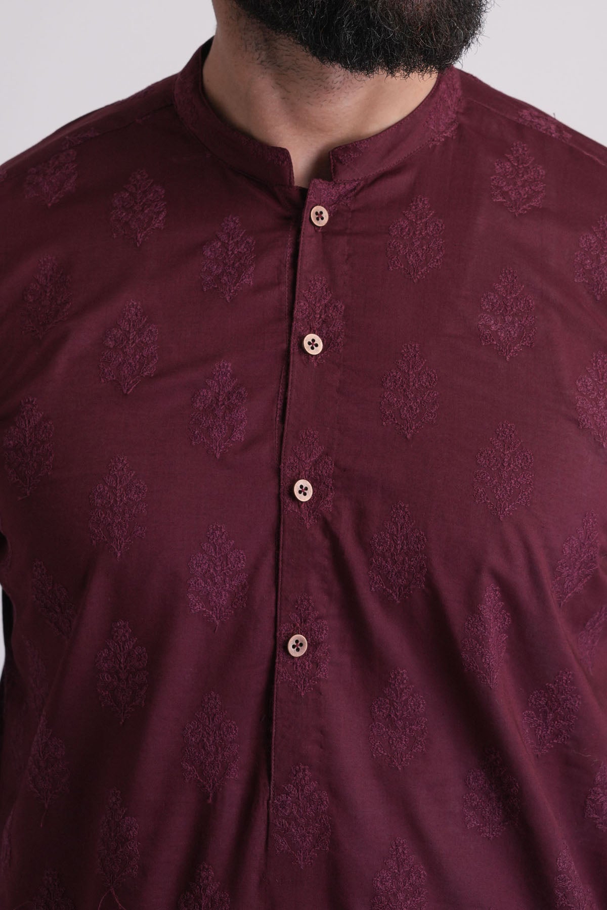Maroon Embroidered Cotton Kurta (2-Piece) - Image 2