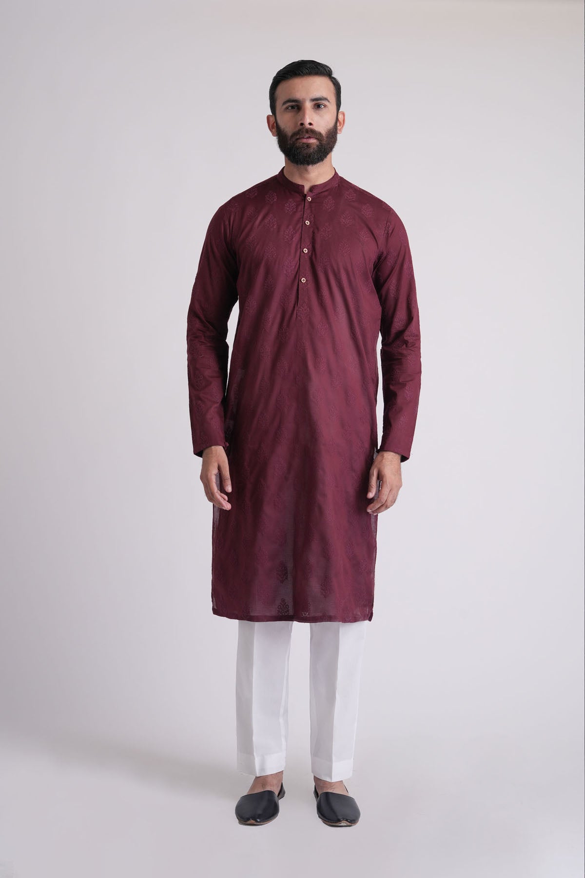Maroon Embroidered Cotton Kurta (2-Piece) - Image 3