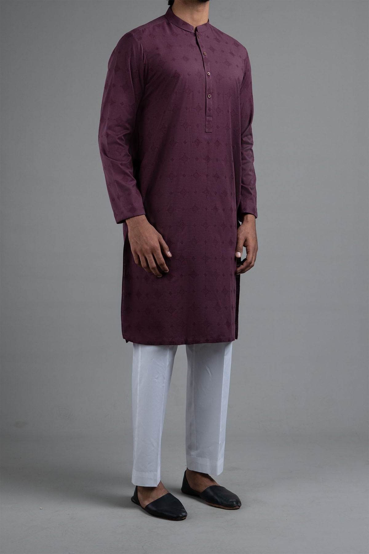 Maroon Embroidered Egyptian Cotton Kurta (2-Piece) - Image 3