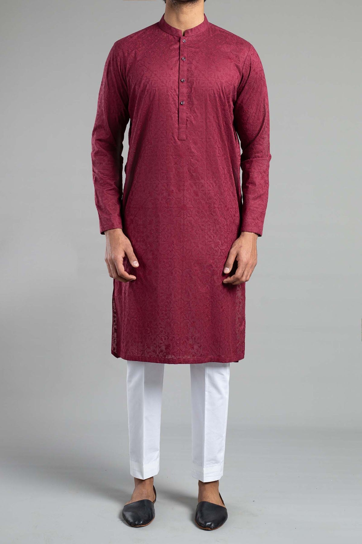 Maroon Embroidered Egyptian Cotton Kurta (2-Piece) - Image 1