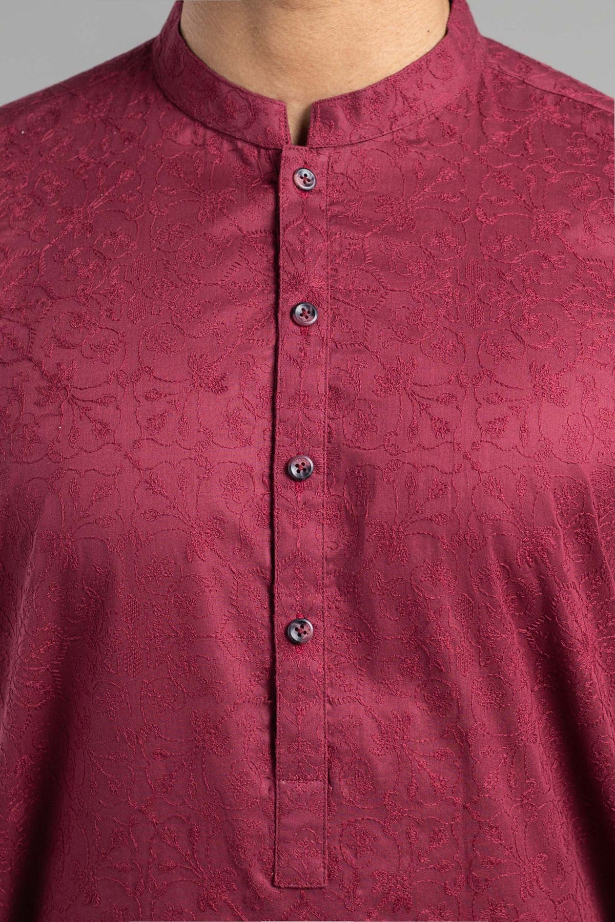 Maroon Embroidered Egyptian Cotton Kurta (2-Piece) - Image 2