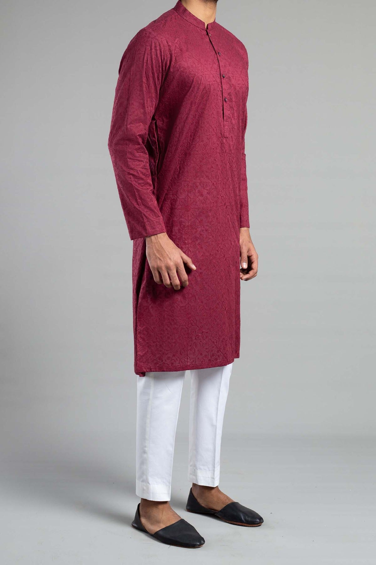 Maroon Embroidered Egyptian Cotton Kurta (2-Piece) - Image 3