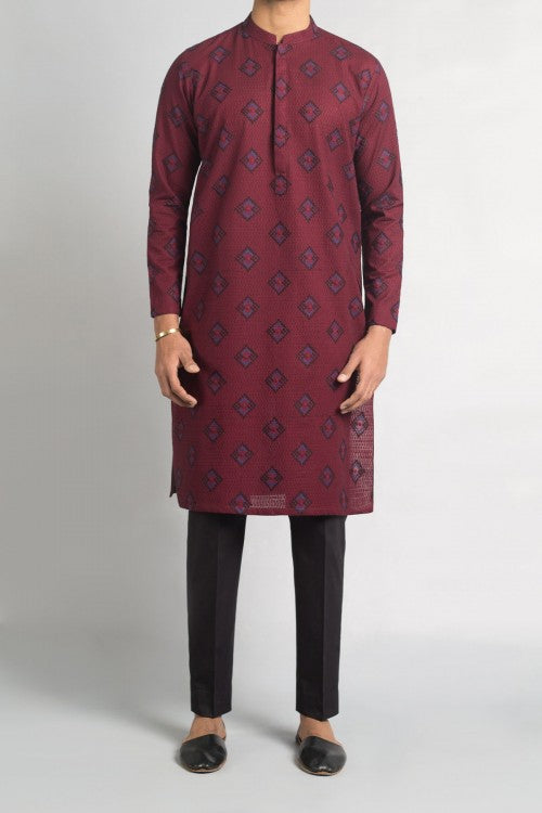 Maroon Embroidered Egyptian Cotton Kurta (2-Piece) - Image 1