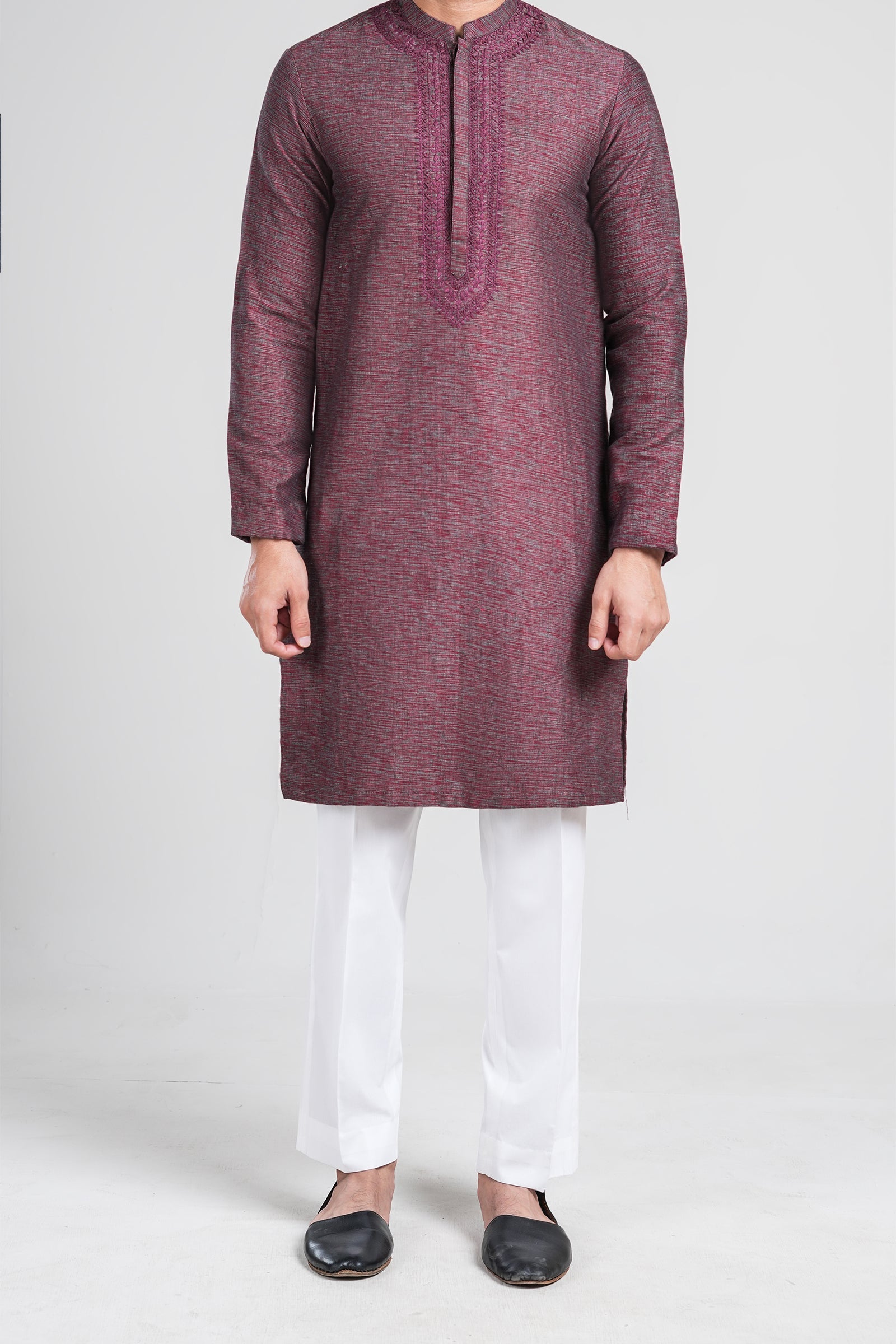 Maroon Embroidered Handloomed Khaddar Kurta (2-Piece) - Image 2