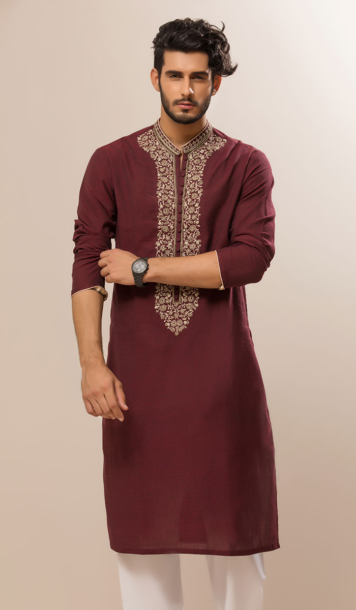 Amber Maroon Resham Embroidered Jacquard Karandi Kurta (2-Piece) - Image 1