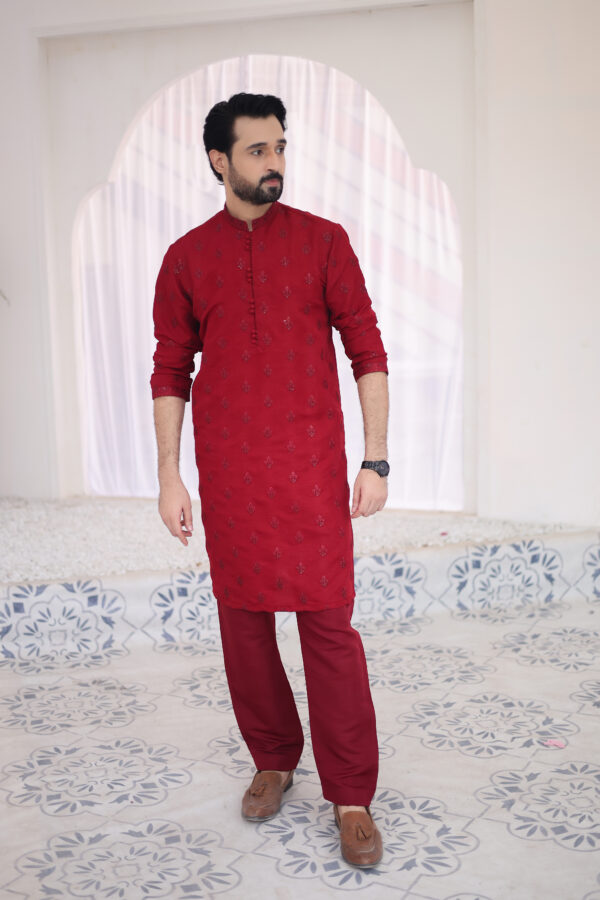 Maroon Hand Embroidered Raw Silk Kurta (2-Piece) - Image 2