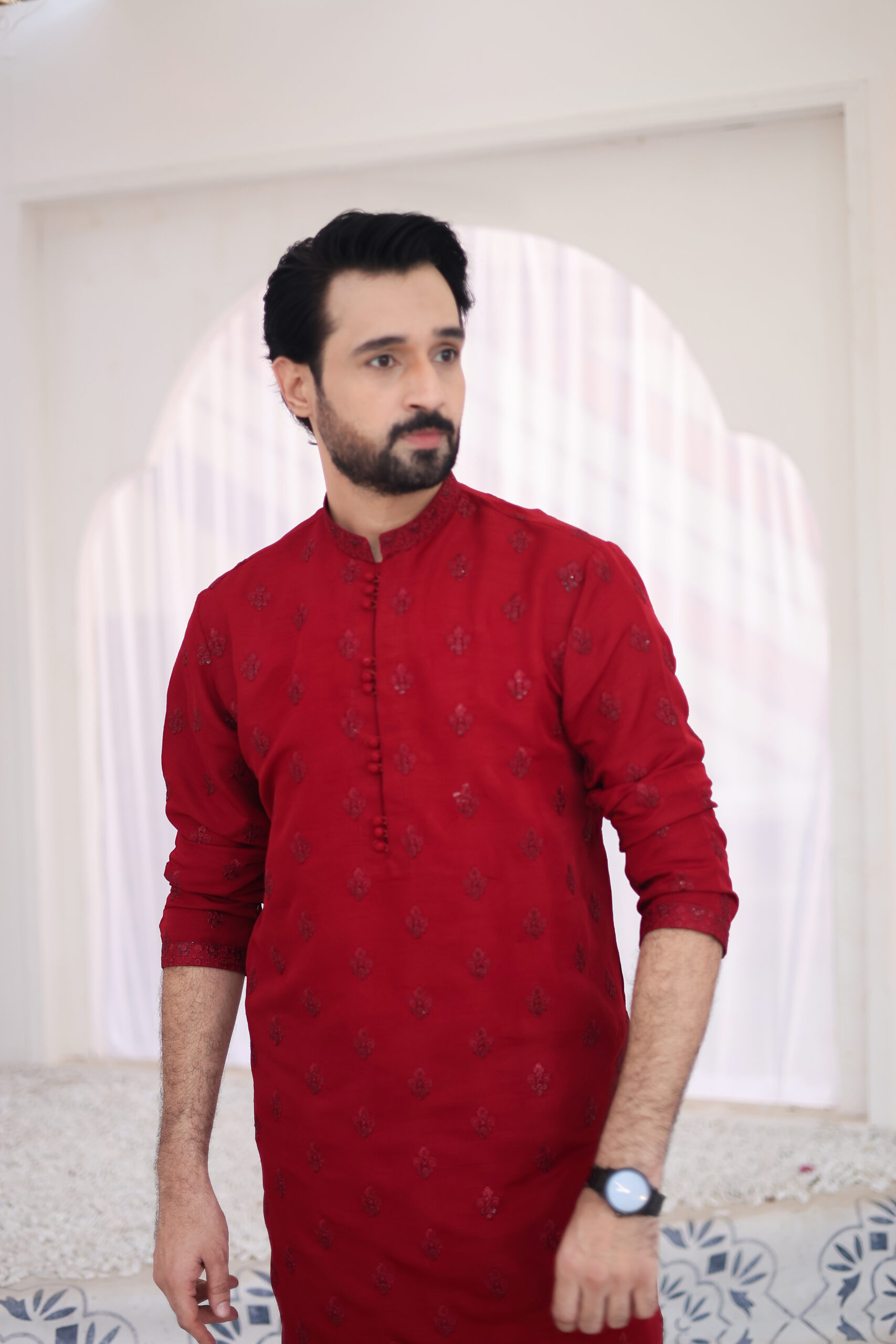 Maroon Hand Embroidered Raw Silk Kurta (2-Piece) - Image 3