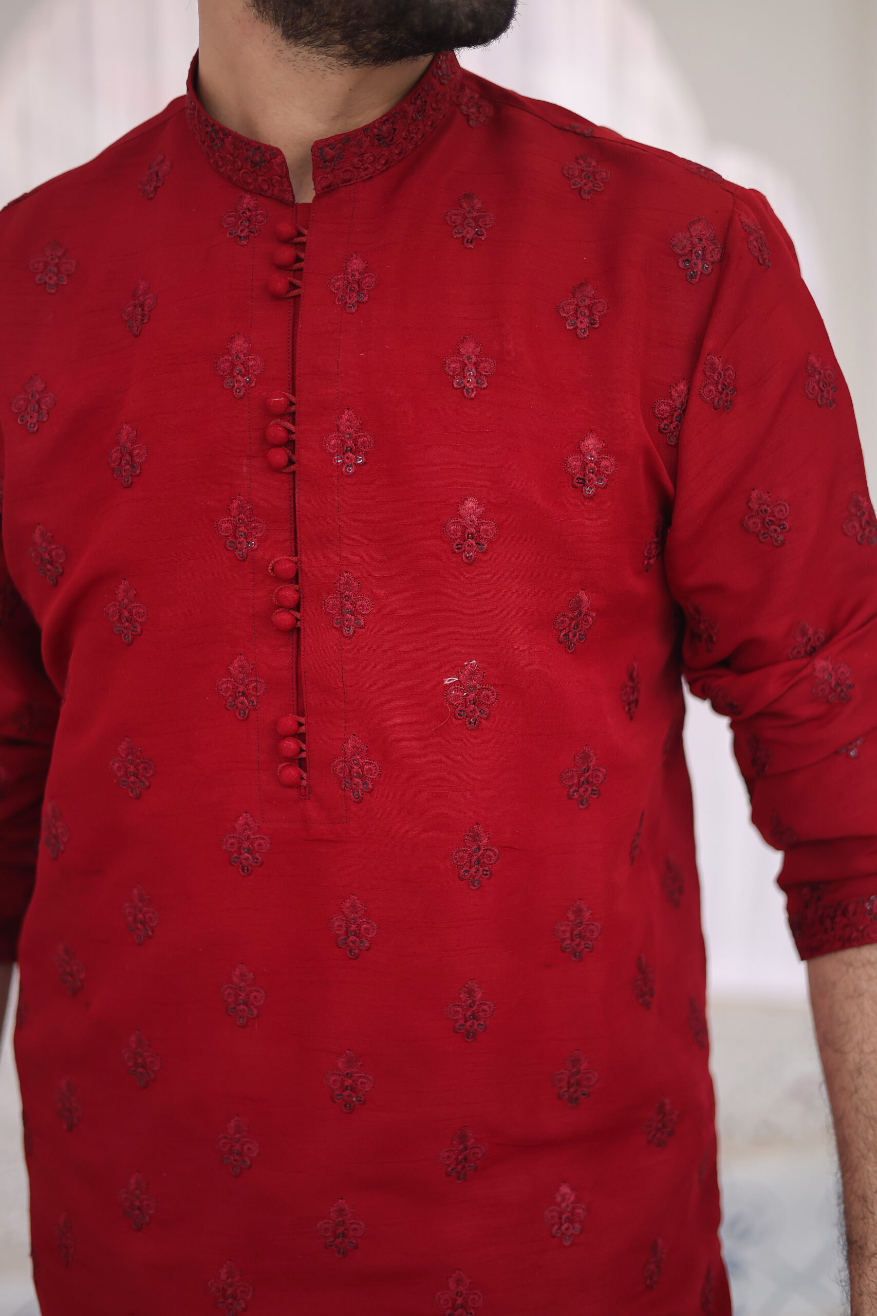 Maroon Hand Embroidered Raw Silk Kurta (2-Piece) - Image 4