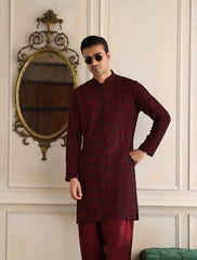 Maroon Hand-Embroidered Silk-Blend Kurta (2-Piece) - Image 2