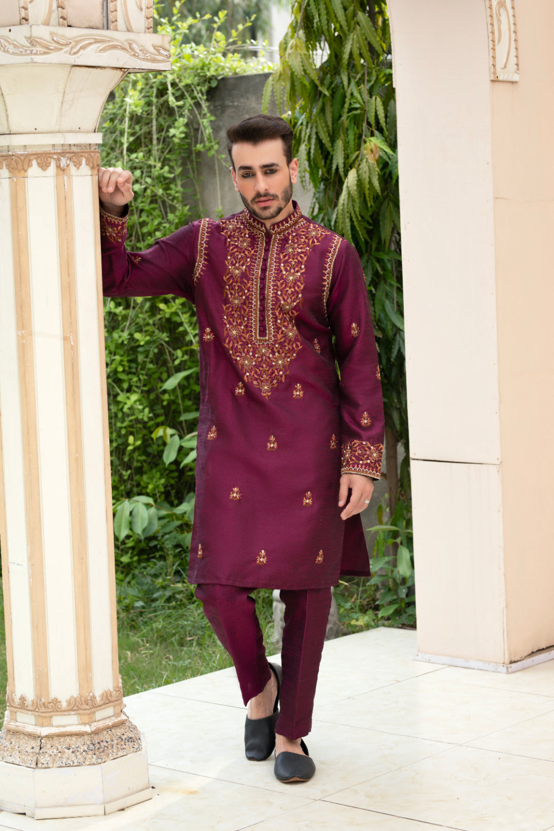 Burgundy Hand Embroidered Silk Kurta Pajama (2-Piece) - Image 1