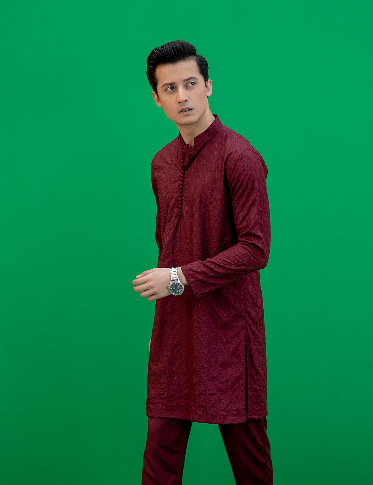 Maroon Embroidered Textured Kurta Set (2-Piece) - Image 9
