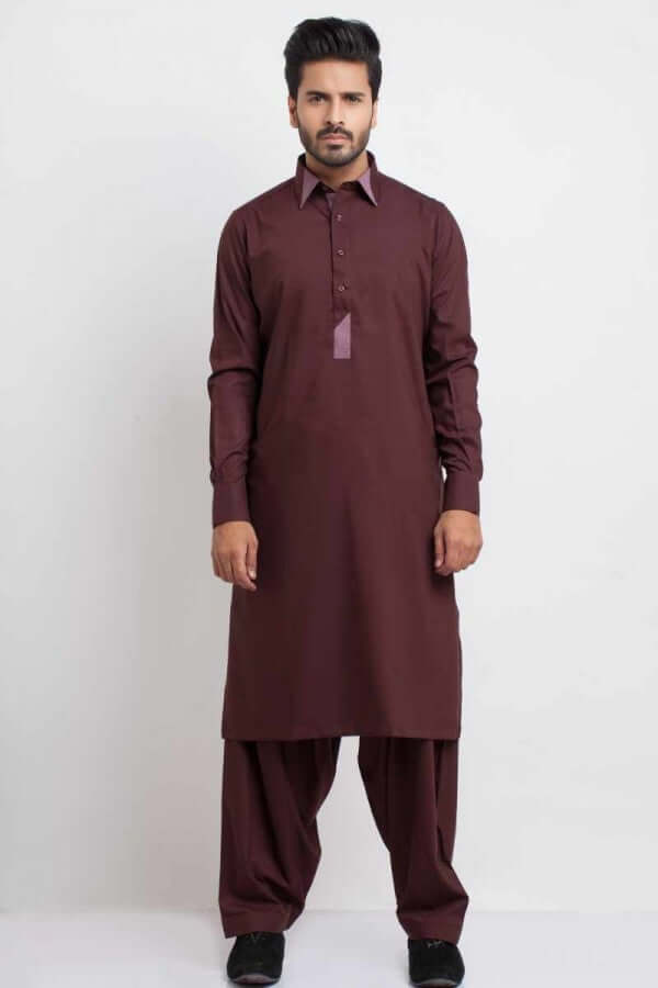 Maroon Contrast-Detail Blended Cotton Shalwar Kameez (2-Piece) - Image 1