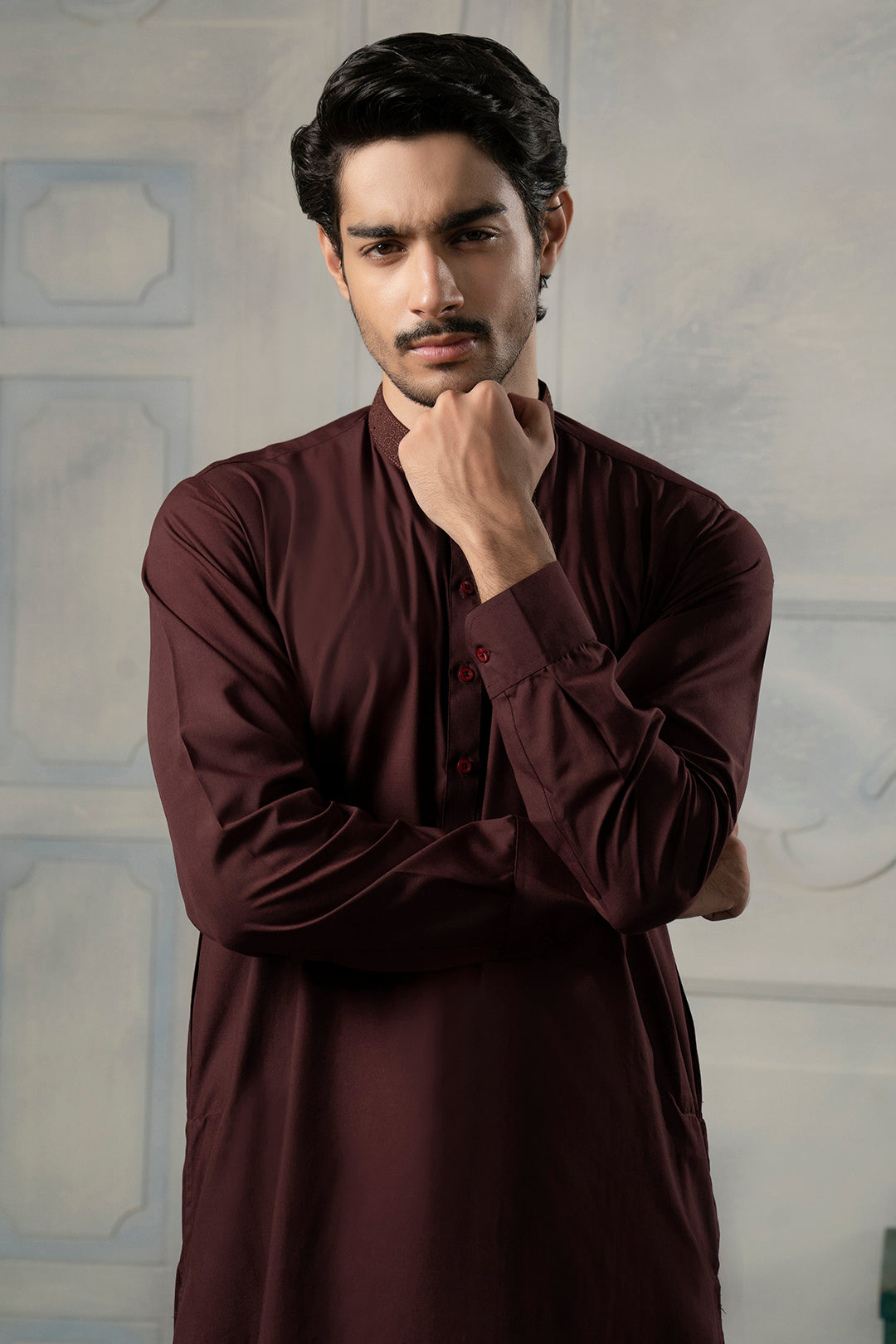 Maroon Embroidered Blended Fabric Shalwar Kameez (2-Piece) - Image 1