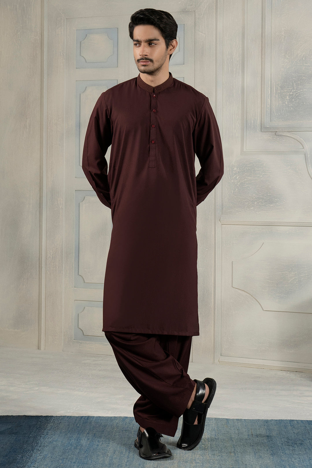 Maroon Embroidered Blended Fabric Shalwar Kameez (2-Piece) - Image 2