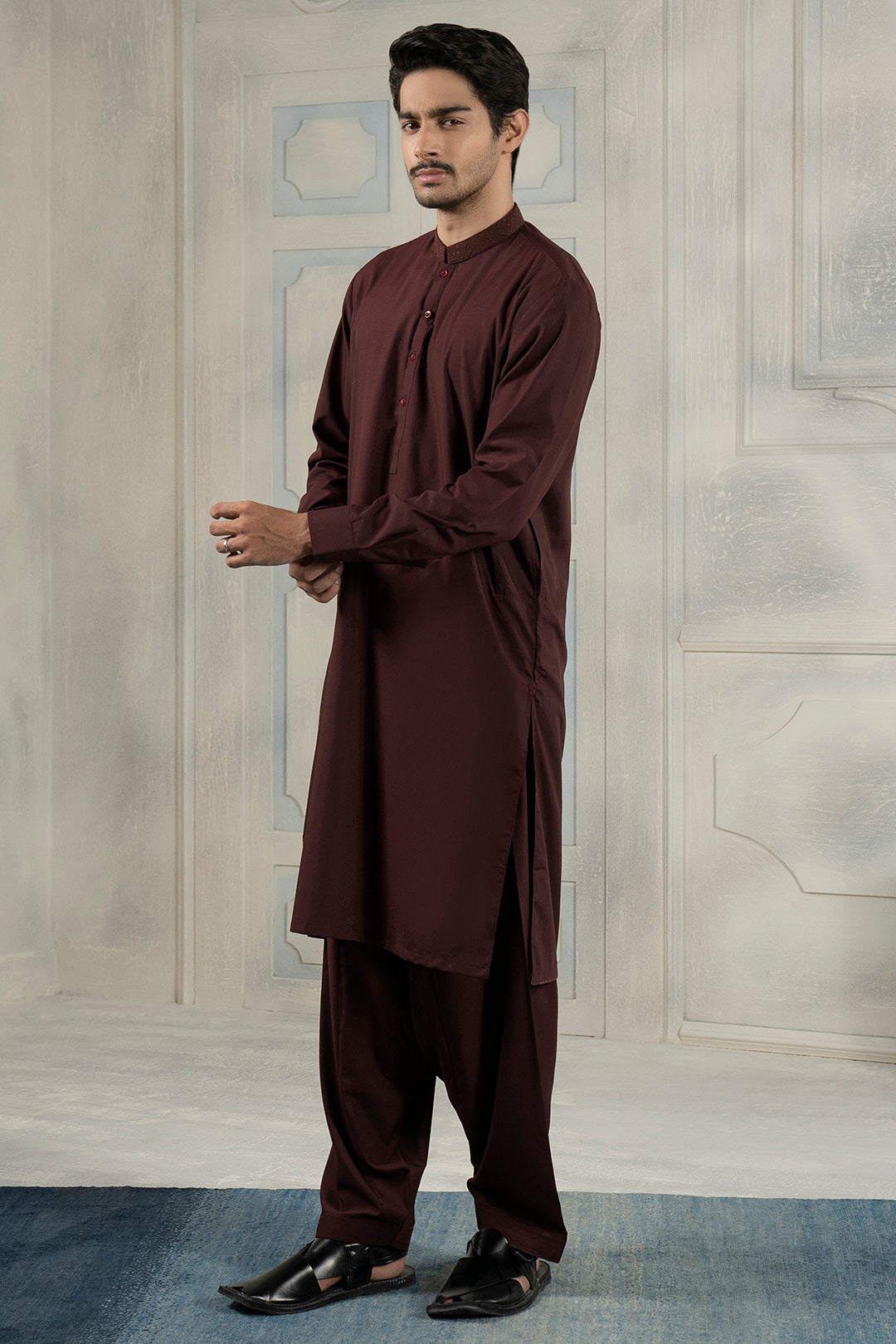 Maroon Embroidered Blended Fabric Shalwar Kameez (2-Piece) - Image 3
