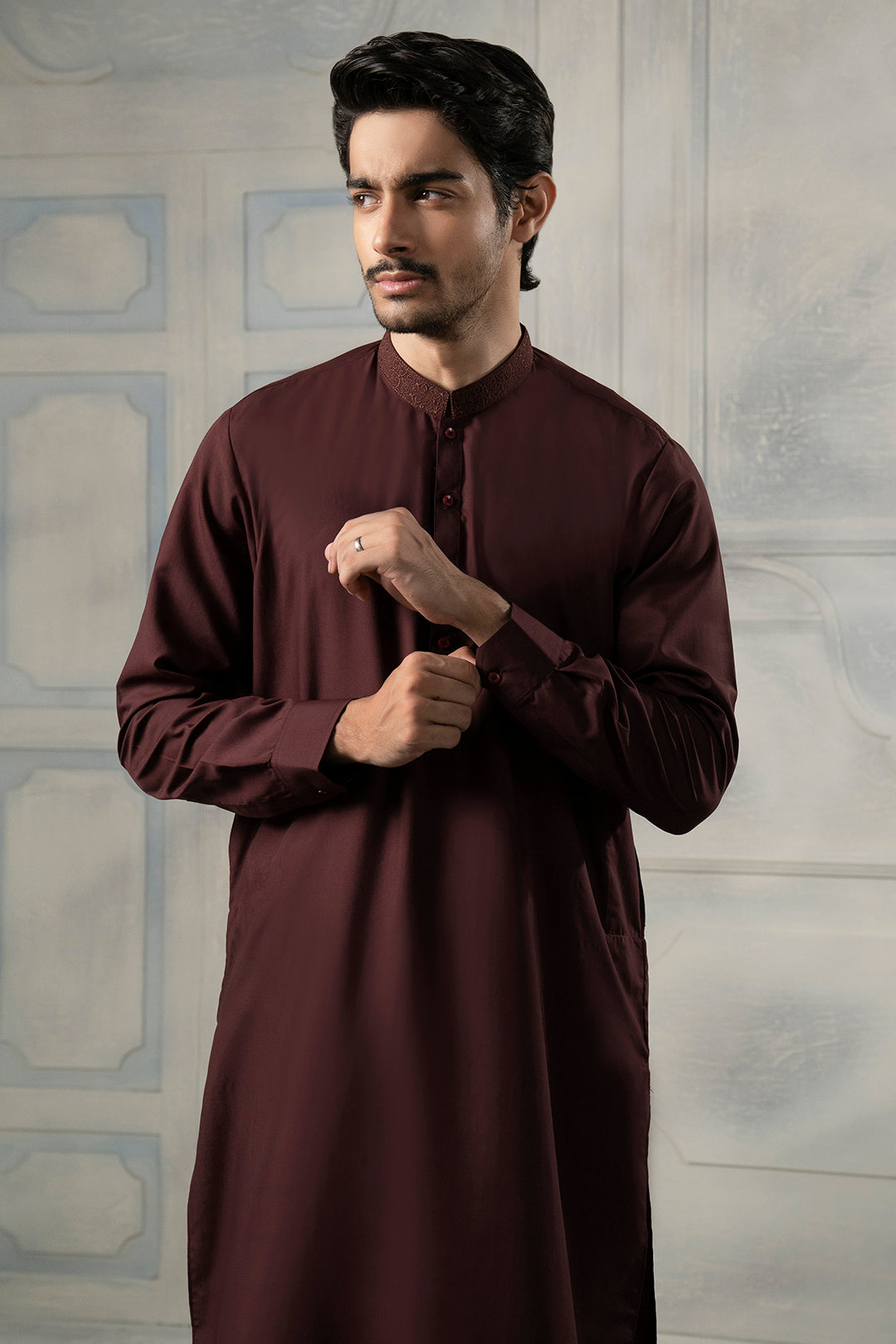 Maroon Embroidered Blended Fabric Shalwar Kameez (2-Piece) - Image 4