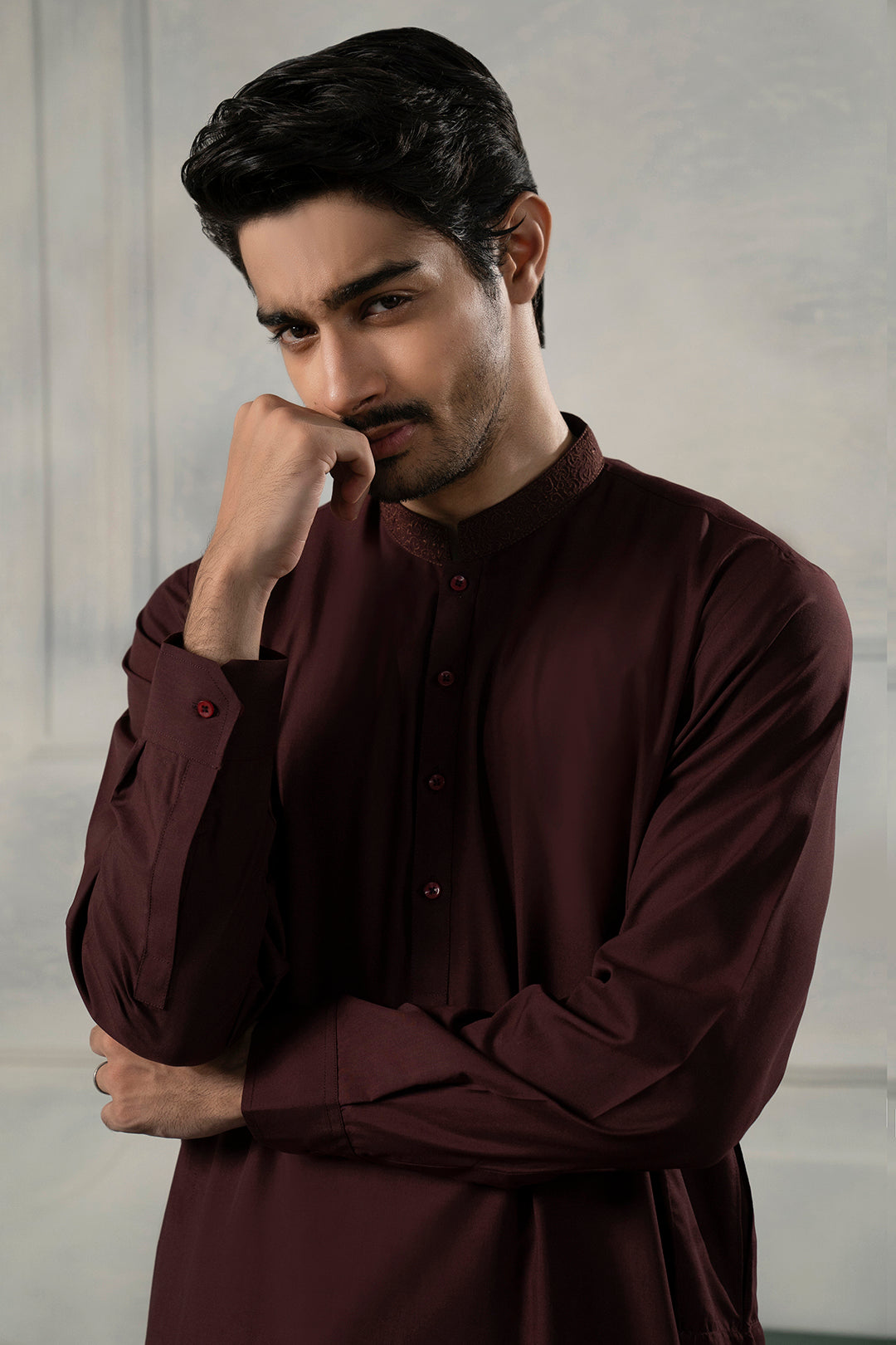 Maroon Embroidered Blended Fabric Shalwar Kameez (2-Piece) - Image 6