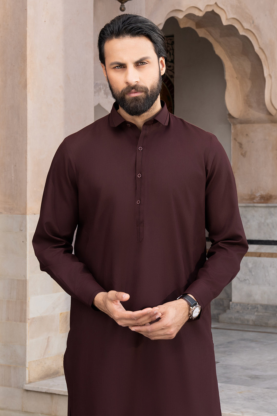 Maroon Textured Blended Fabric Shalwar Kameez (2-Piece) - Image 1
