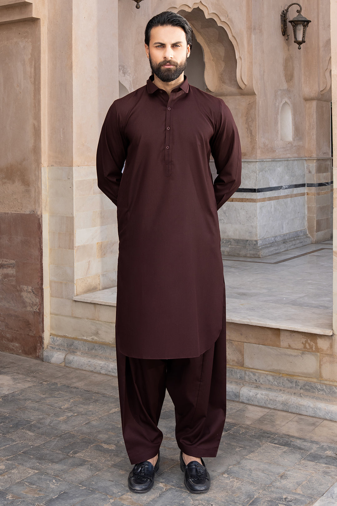 Maroon Textured Blended Fabric Shalwar Kameez (2-Piece) - Image 2