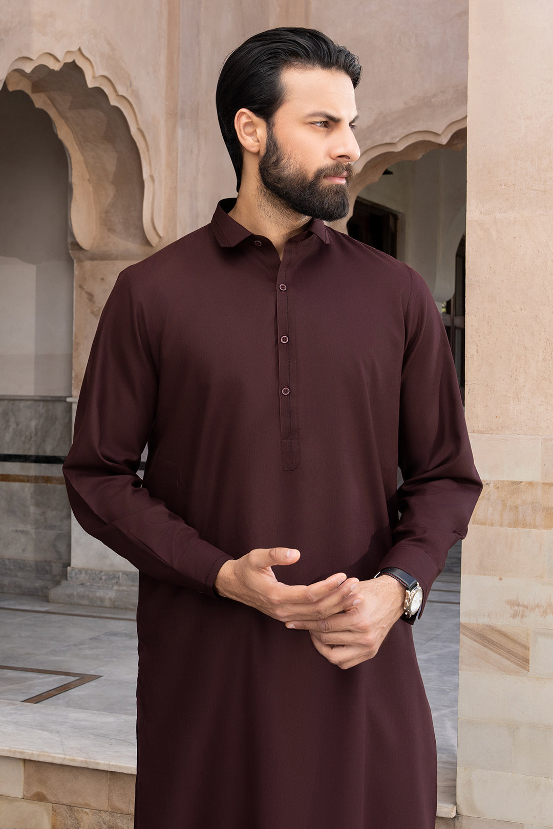 Maroon Textured Blended Fabric Shalwar Kameez (2-Piece) - Image 3