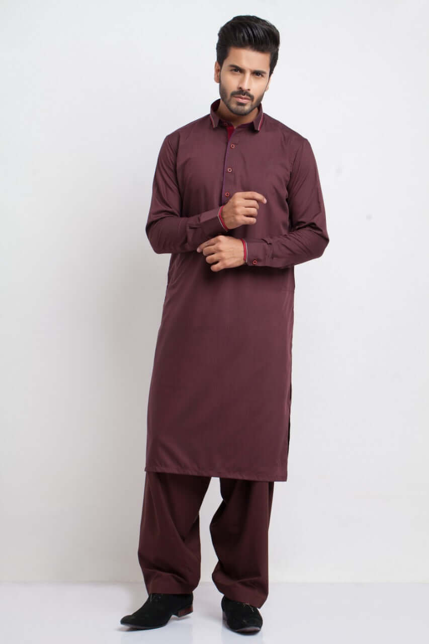 Deep Maroon Matte-Finish Shalwar Kameez (2-Piece) - Image 1
