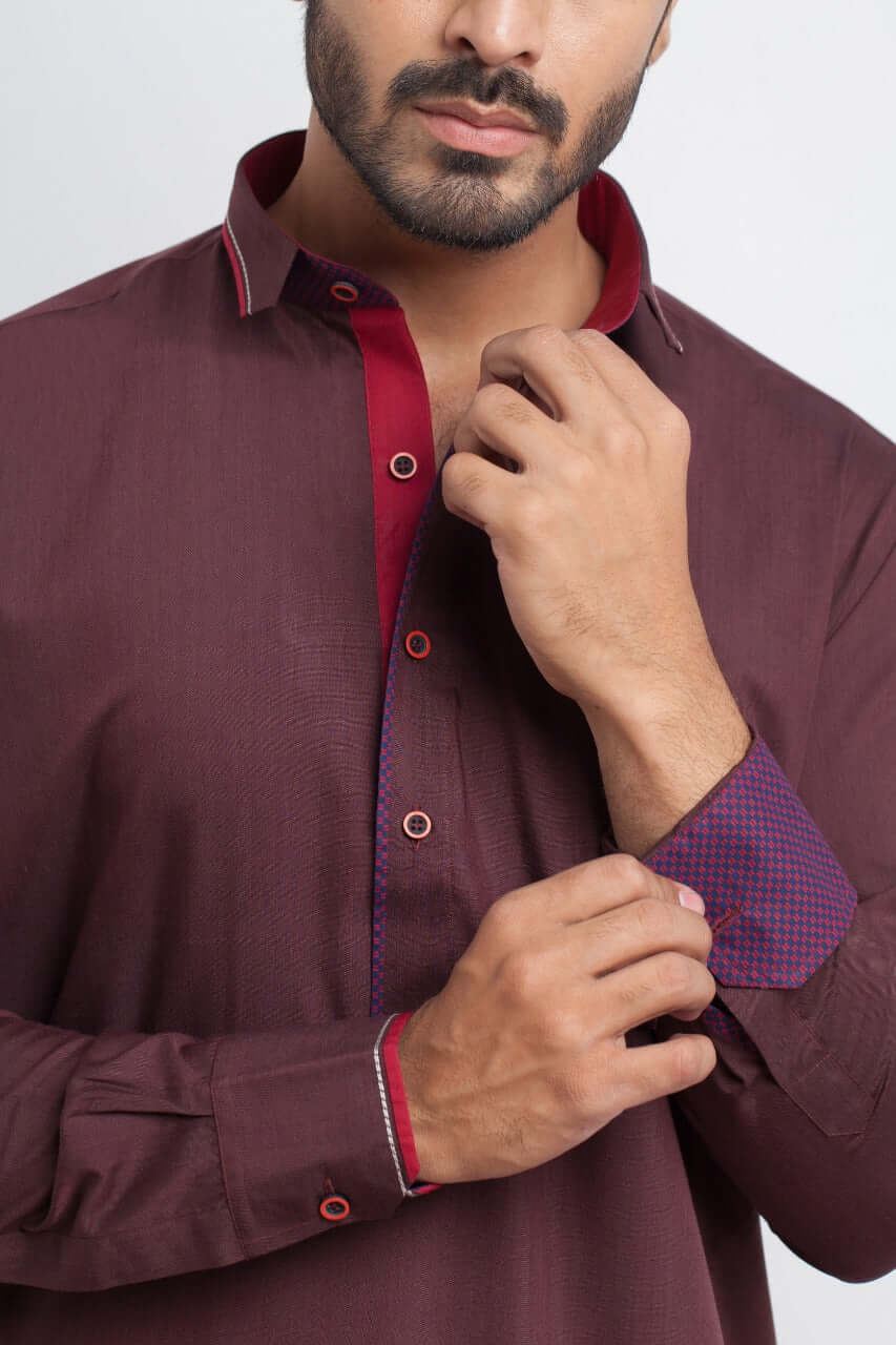 Deep Maroon Matte-Finish Shalwar Kameez (2-Piece) - Image 2