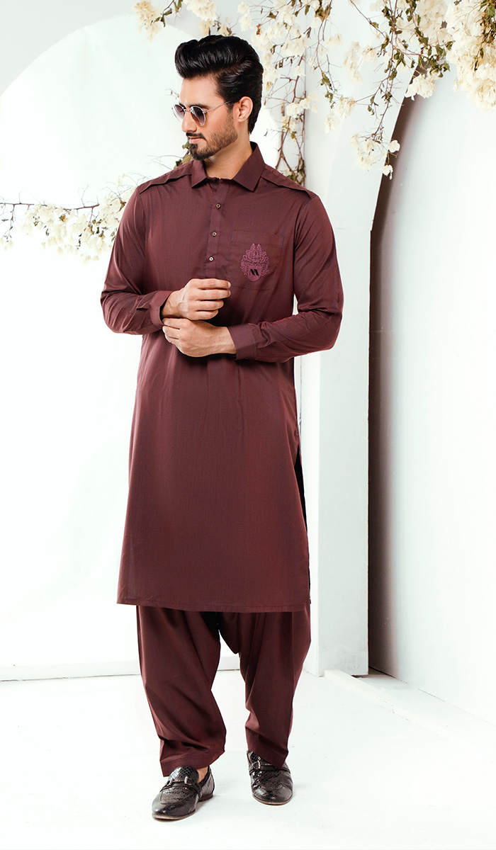 Cordovan Maroon Embroidered Cotton Blend Shalwar Kameez (2-Piece) - Image 1