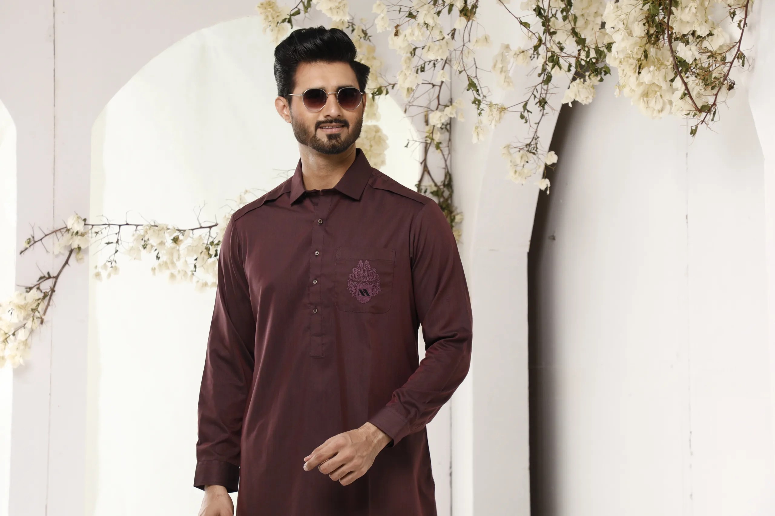 Maroon Embroidered Cotton Blend Shalwar Kameez (2-Piece) - Image 1