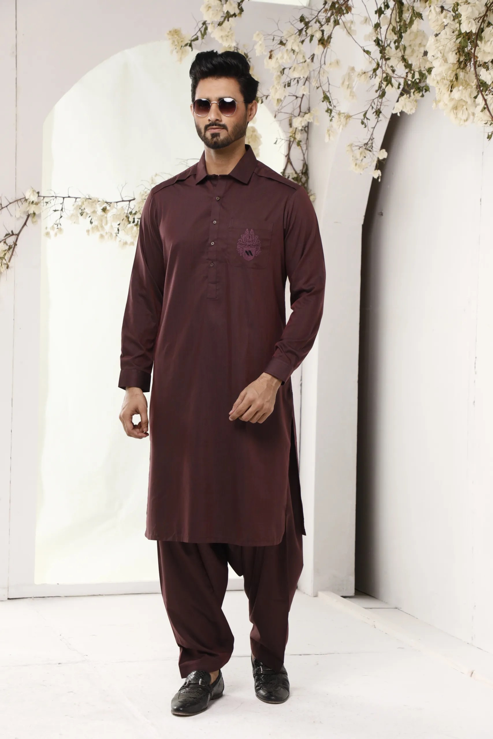 Maroon Embroidered Cotton Blend Shalwar Kameez (2-Piece) - Image 2