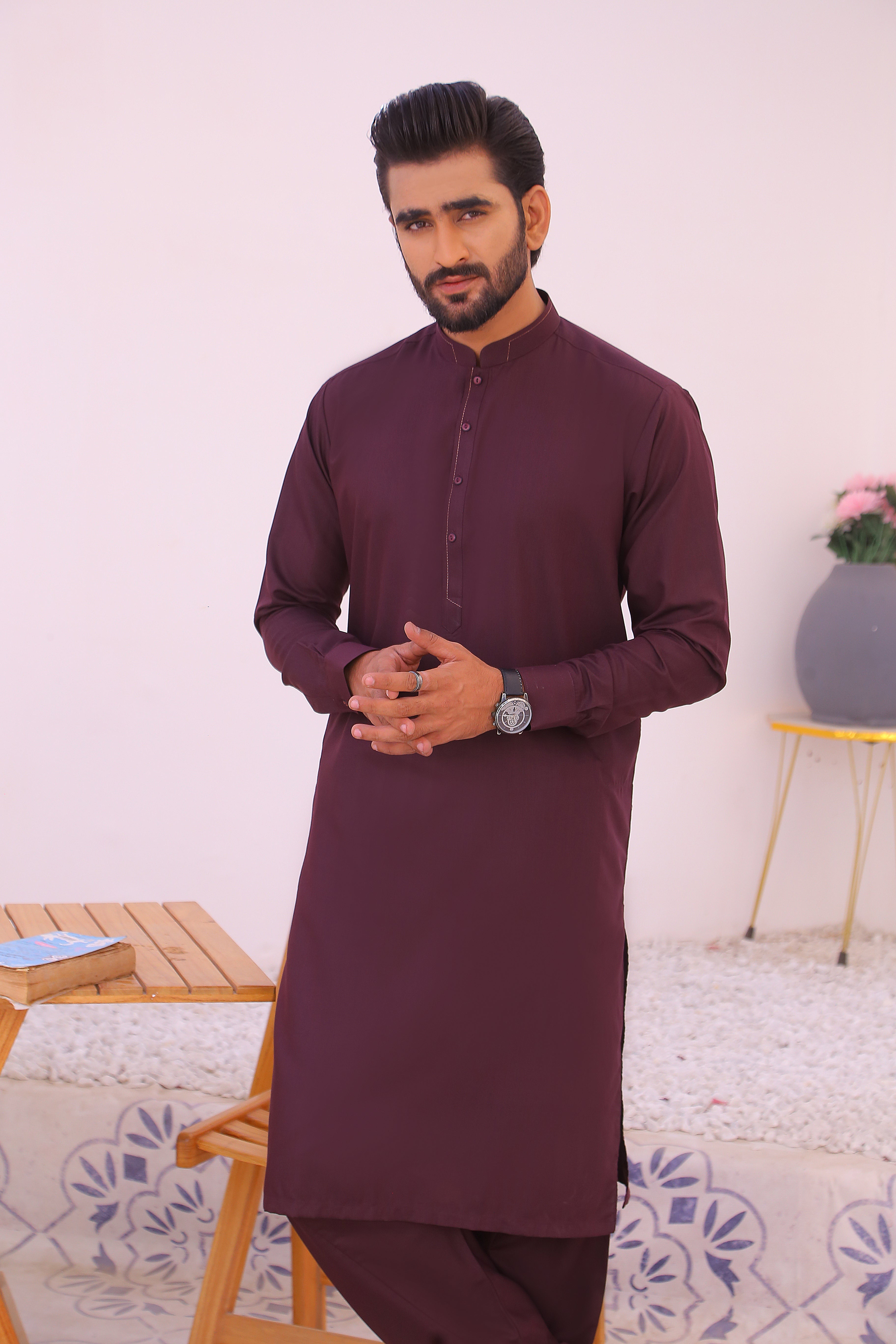 Maroon Plain Cotton-Polyester Kurta Shalwar (2-Piece) - Image 1