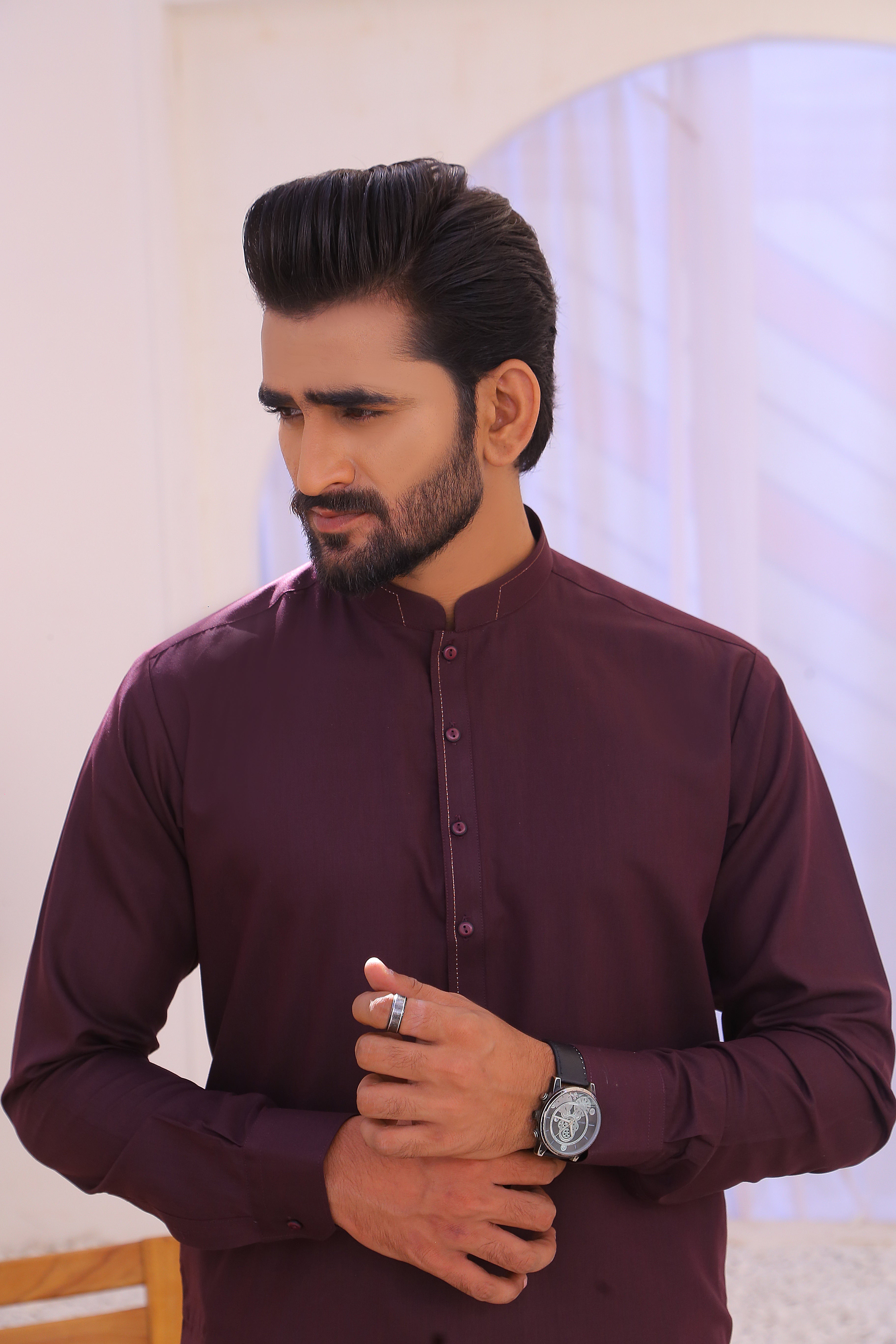 Maroon Plain Cotton-Polyester Kurta Shalwar (2-Piece) - Image 2