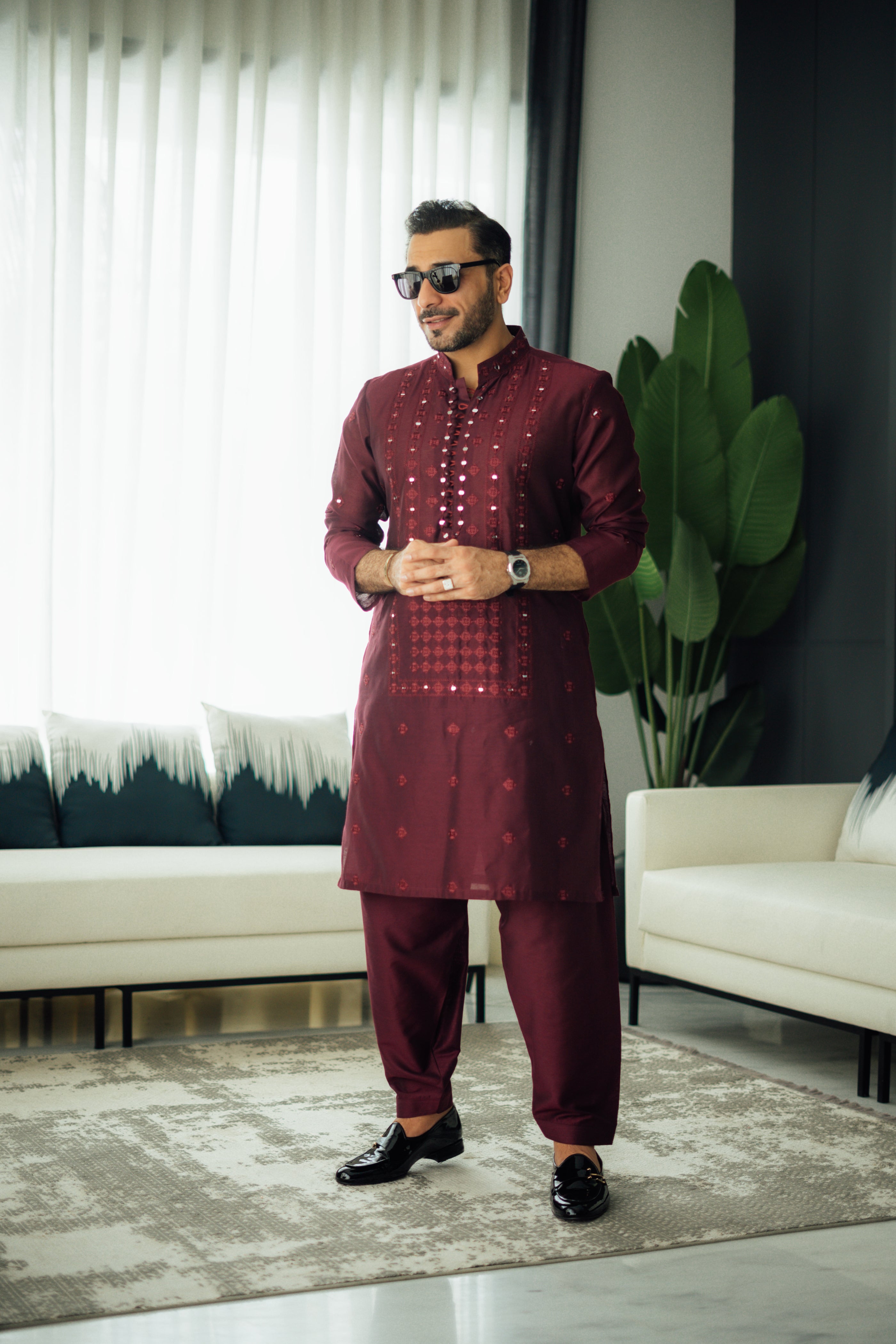 Maroon Mirror Embroidered Cotton-Silk Kurta Shalwar (2-Piece) - Image 2