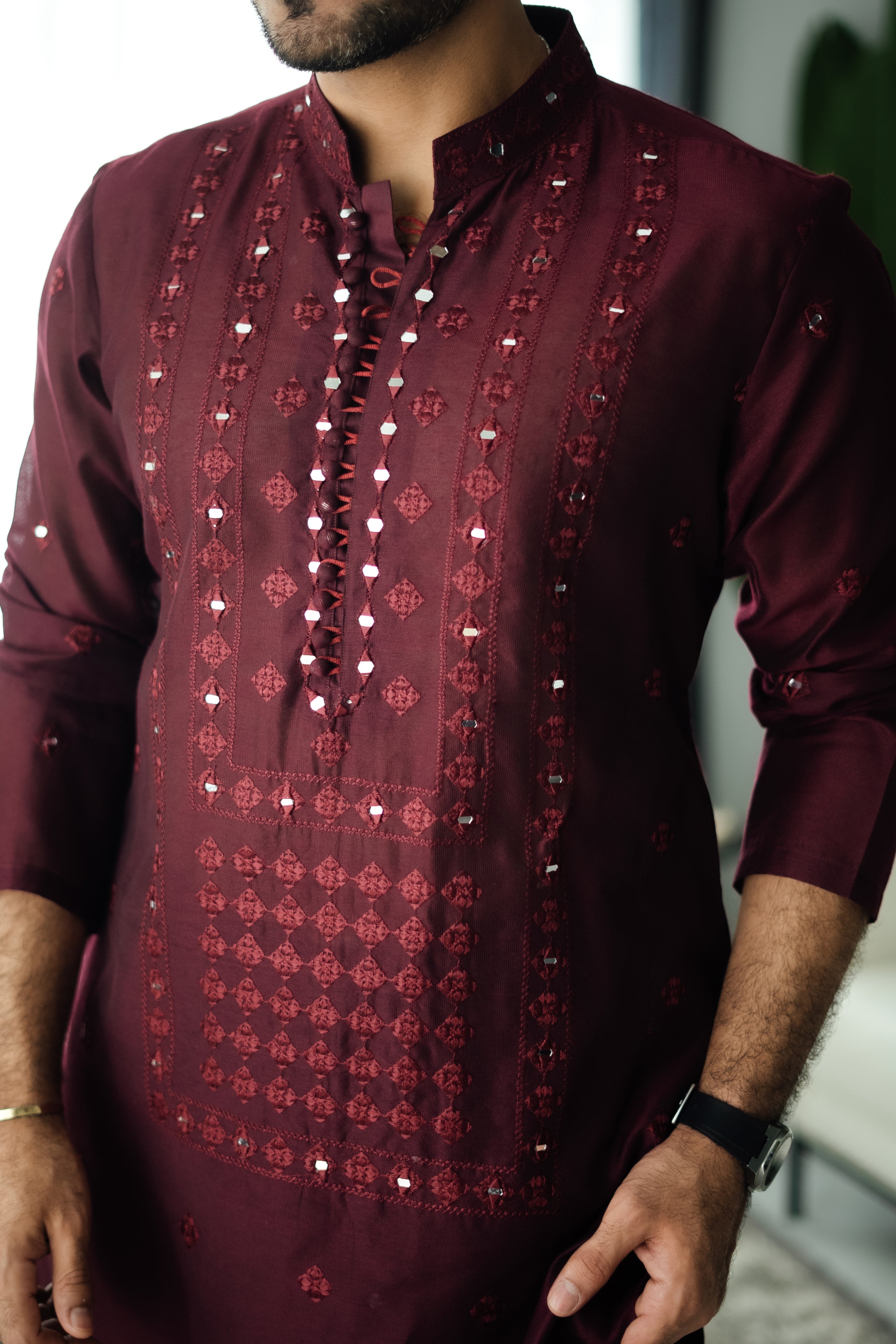 Maroon Mirror Embroidered Cotton-Silk Kurta Shalwar (2-Piece) - Image 3