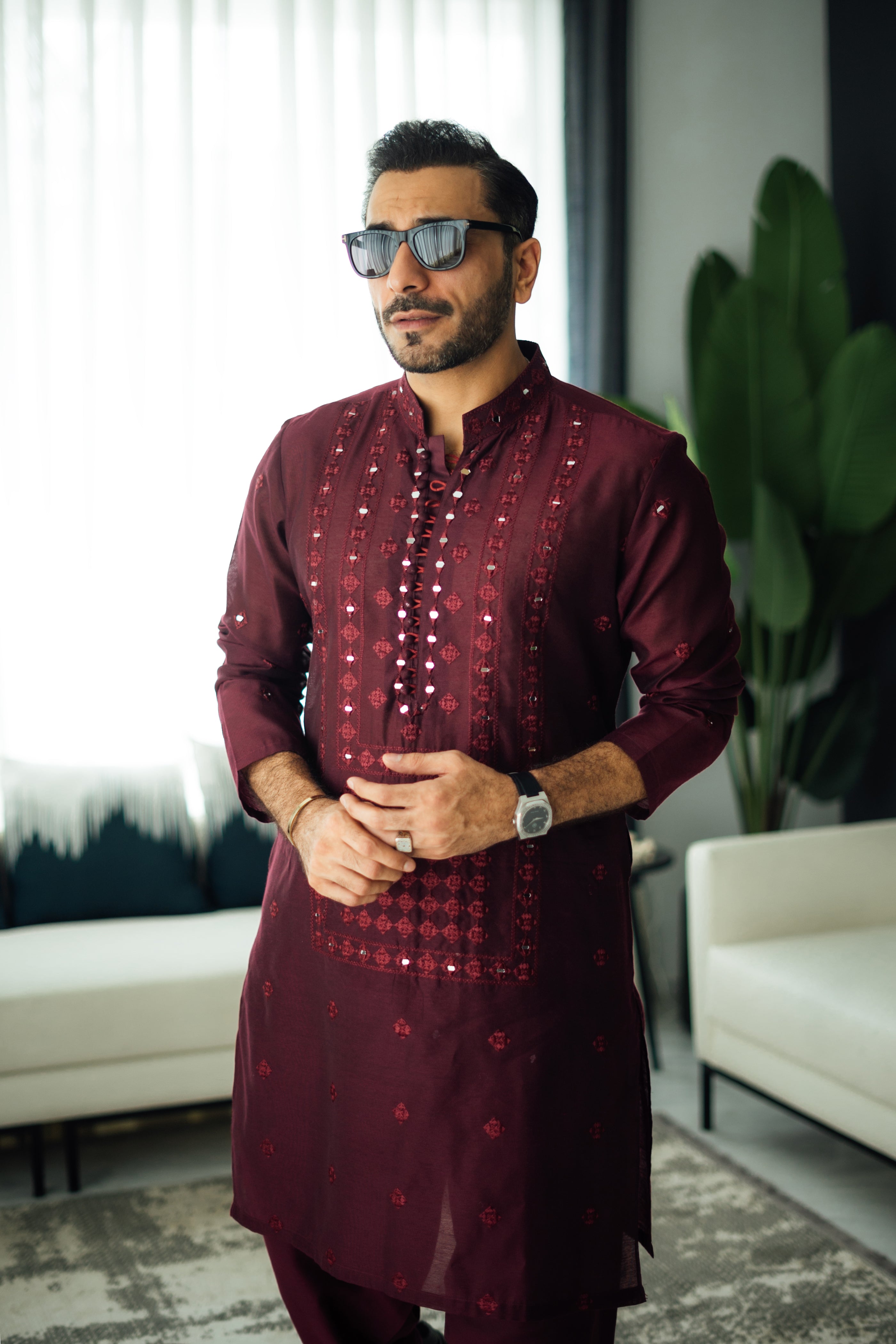 Maroon Mirror Embroidered Cotton-Silk Kurta Shalwar (2-Piece) - Image 4