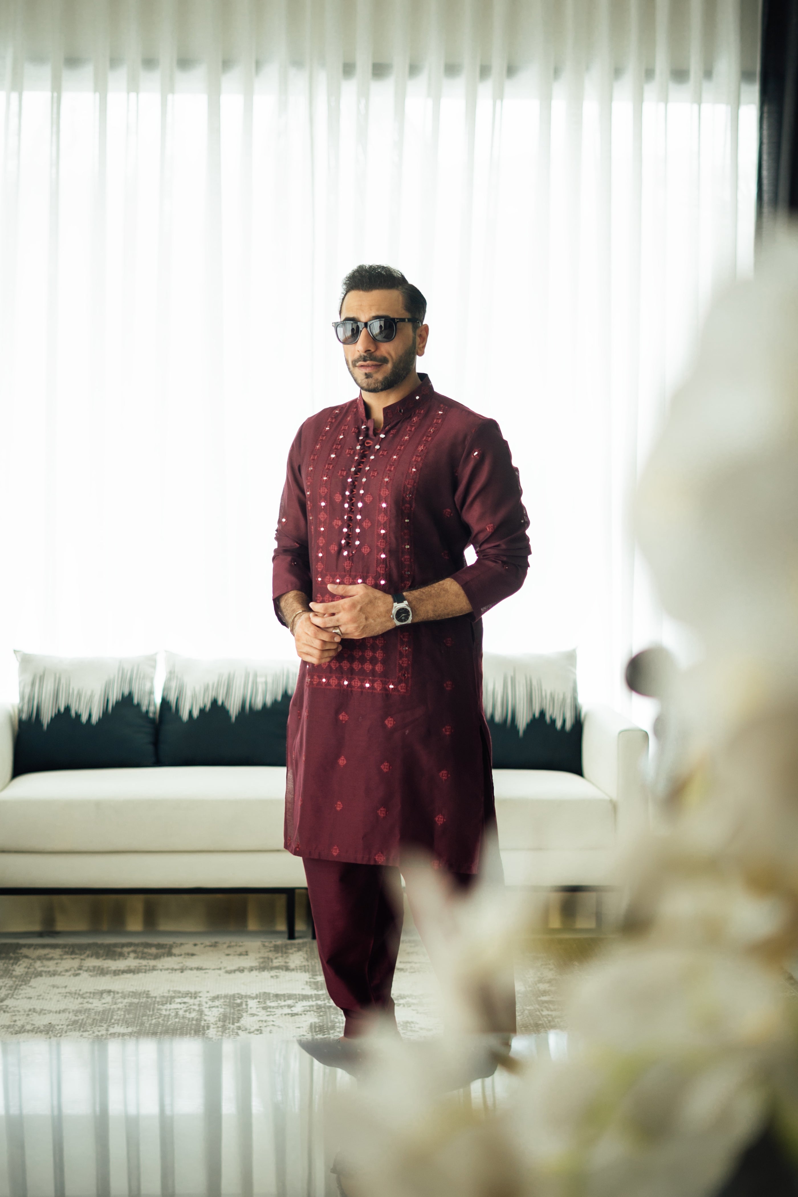 Maroon Mirror Embroidered Cotton-Silk Kurta Shalwar (2-Piece) - Image 5