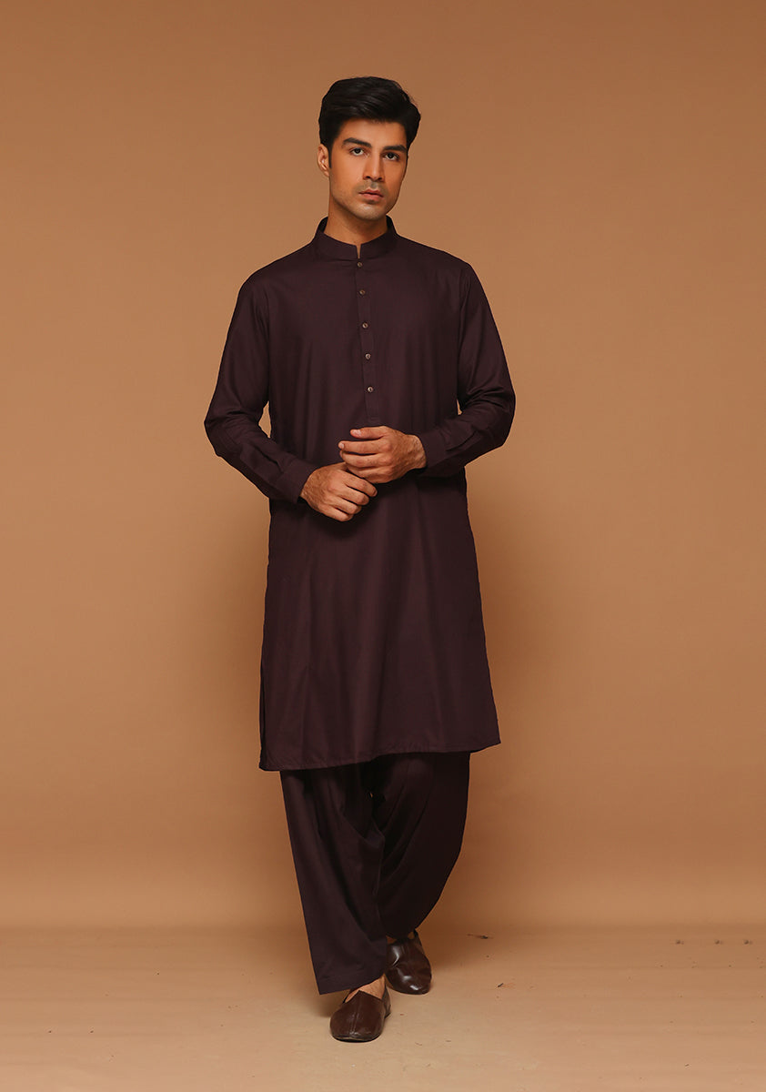 Wine Poly Viscose Slim Fit Shalwar Kameez (2-Piece) - Image 1