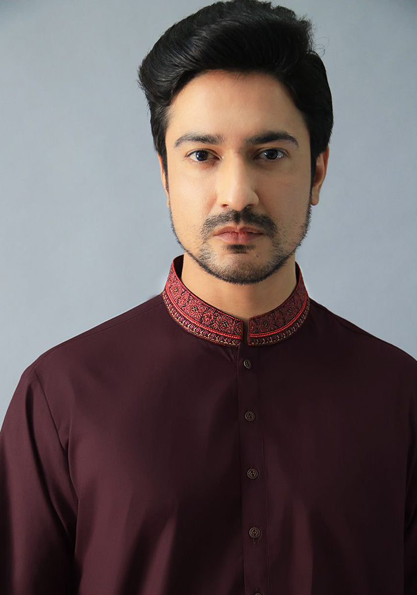 Maroon Embroidered Poly Viscose Shalwar Kameez (2-Piece) - Image 2