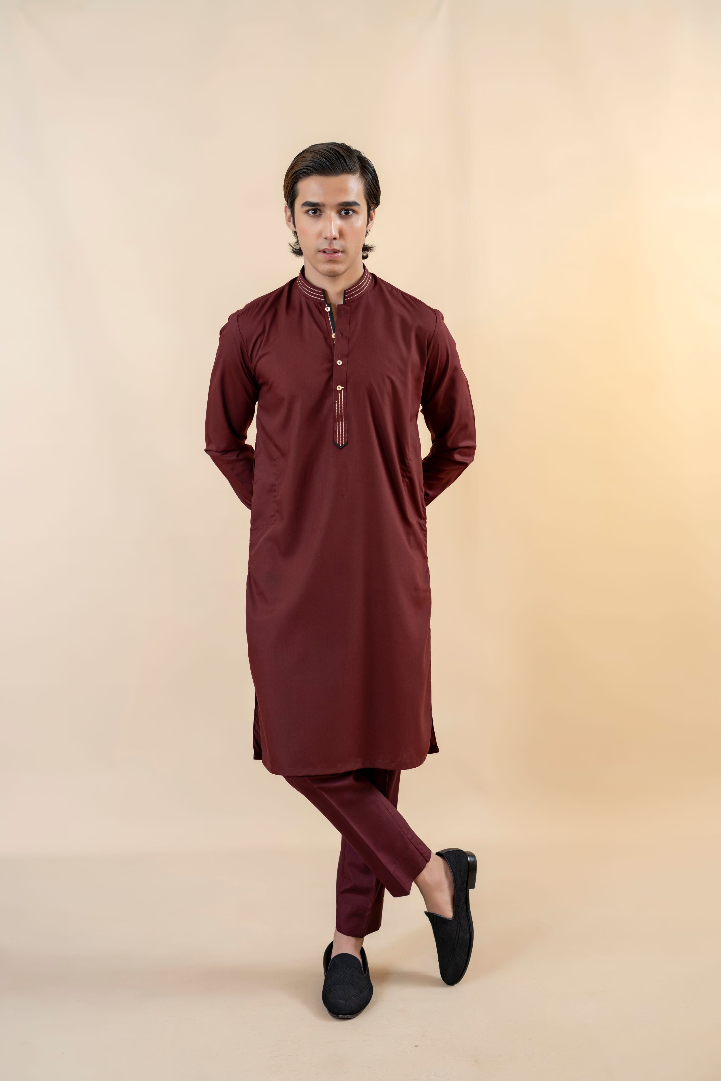 Maroon Contrast Stitch Wash-and-Wear Shalwar Kameez (2-Piece) - Image 2