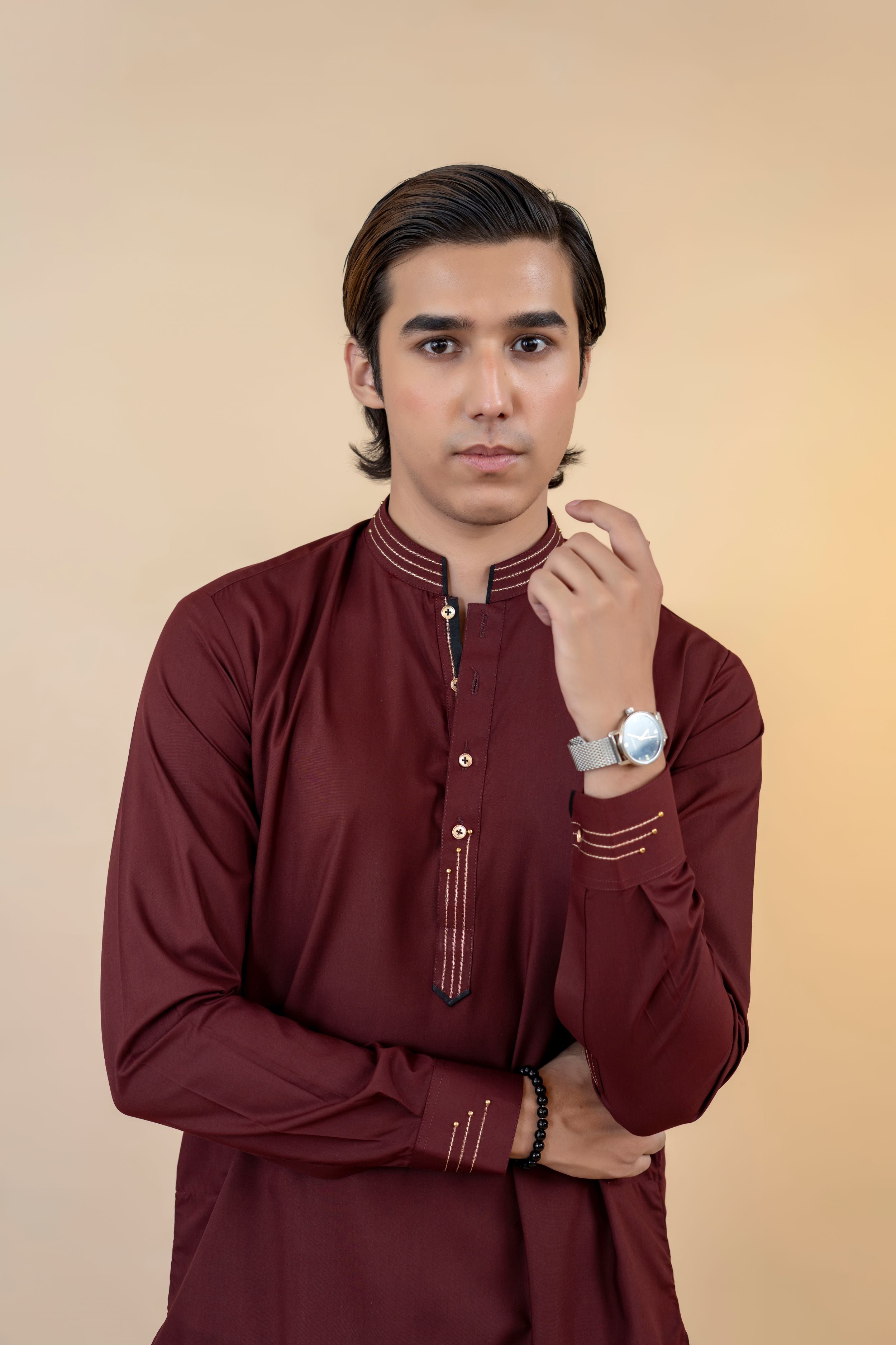 Maroon Contrast Stitch Wash-and-Wear Shalwar Kameez (2-Piece) - Image 3