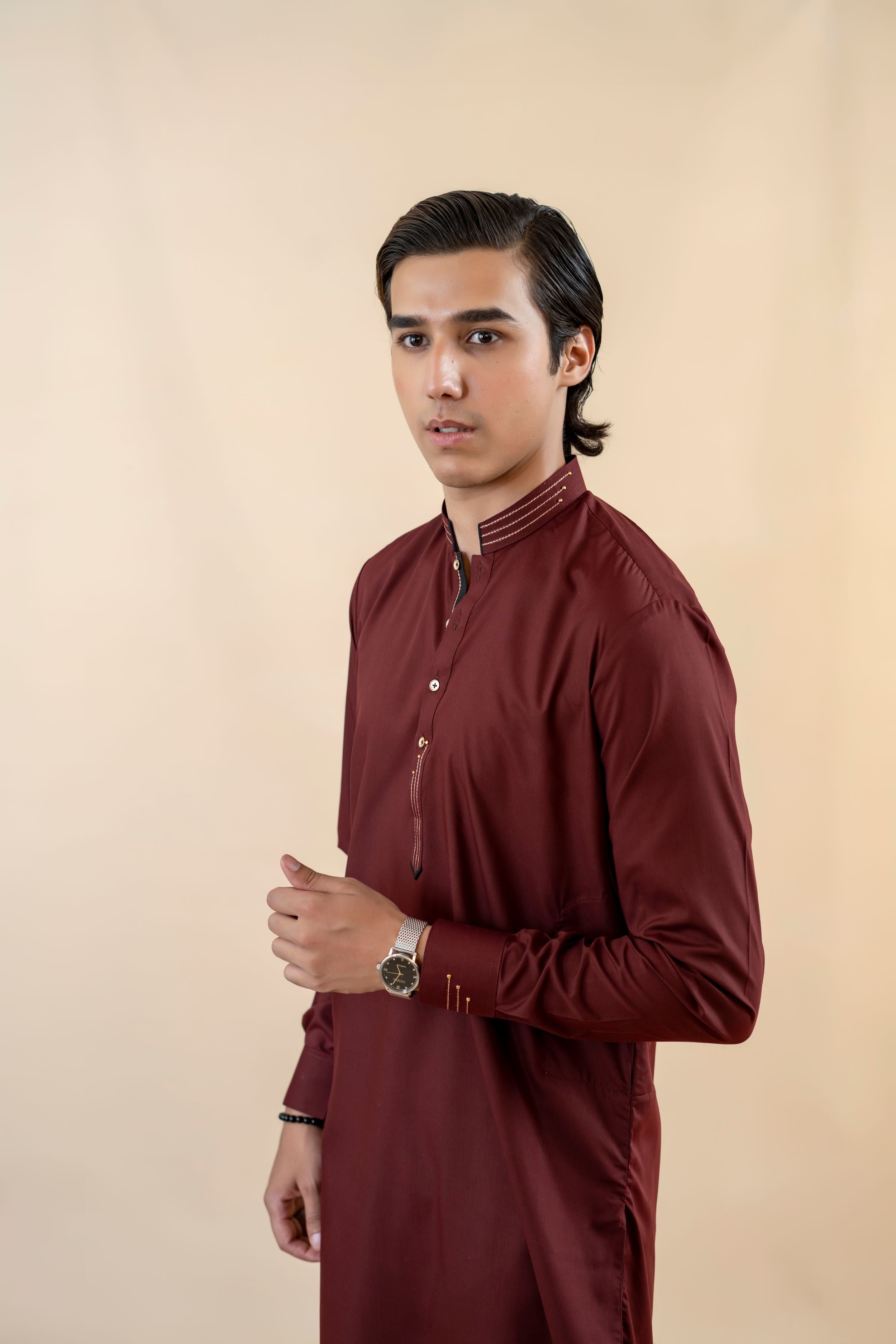Maroon Contrast Stitch Wash-and-Wear Shalwar Kameez (2-Piece) - Image 1