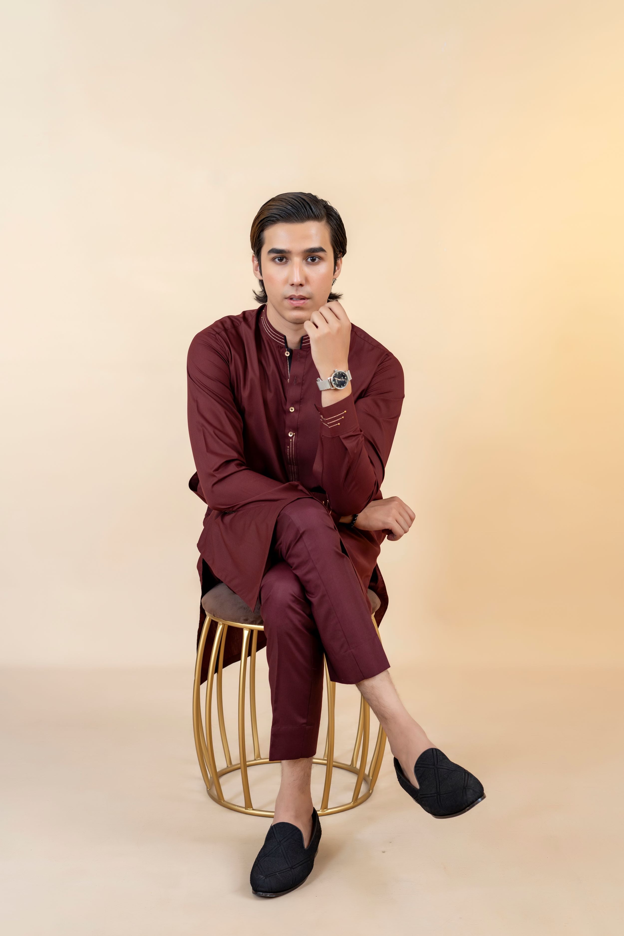 Maroon Contrast Stitch Wash-and-Wear Shalwar Kameez (2-Piece) - Image 5