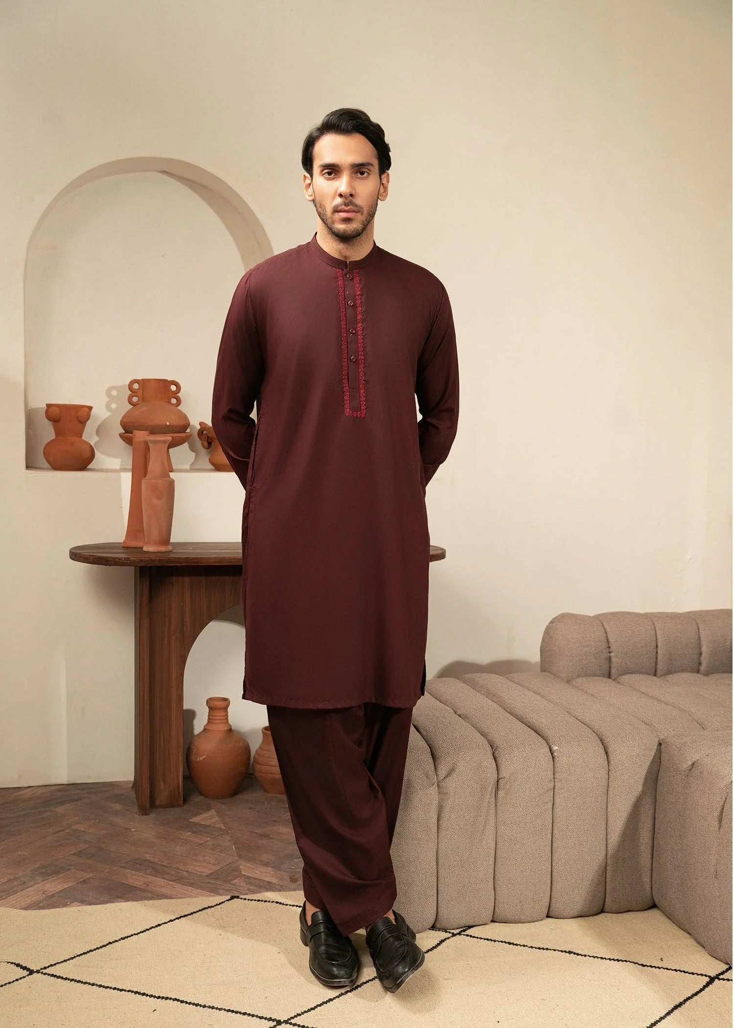 Maroon Embroidered Wash & Wear Shalwar Kameez (2-Piece) - Image 1
