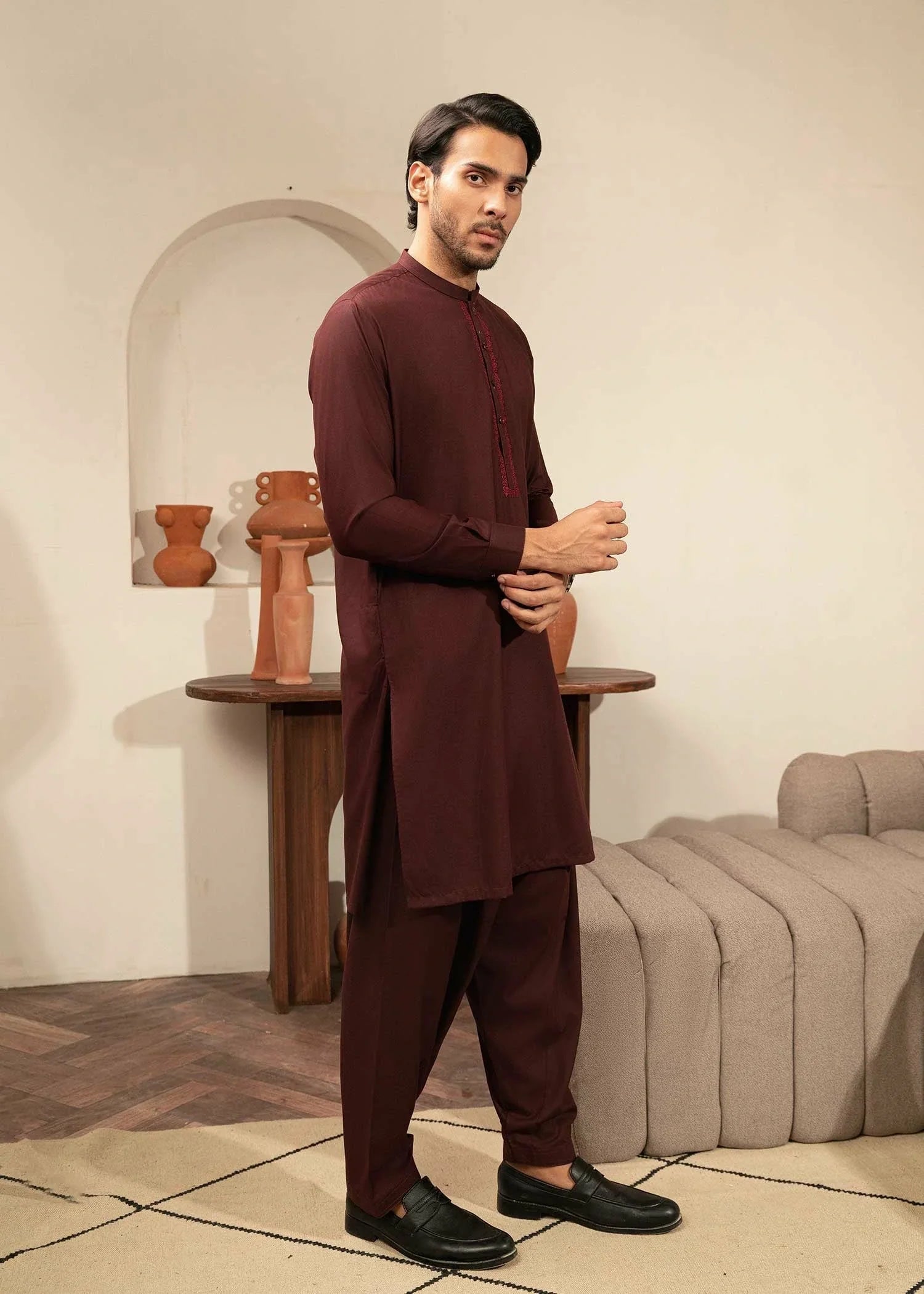 Maroon Embroidered Wash & Wear Shalwar Kameez (2-Piece) - Image 2