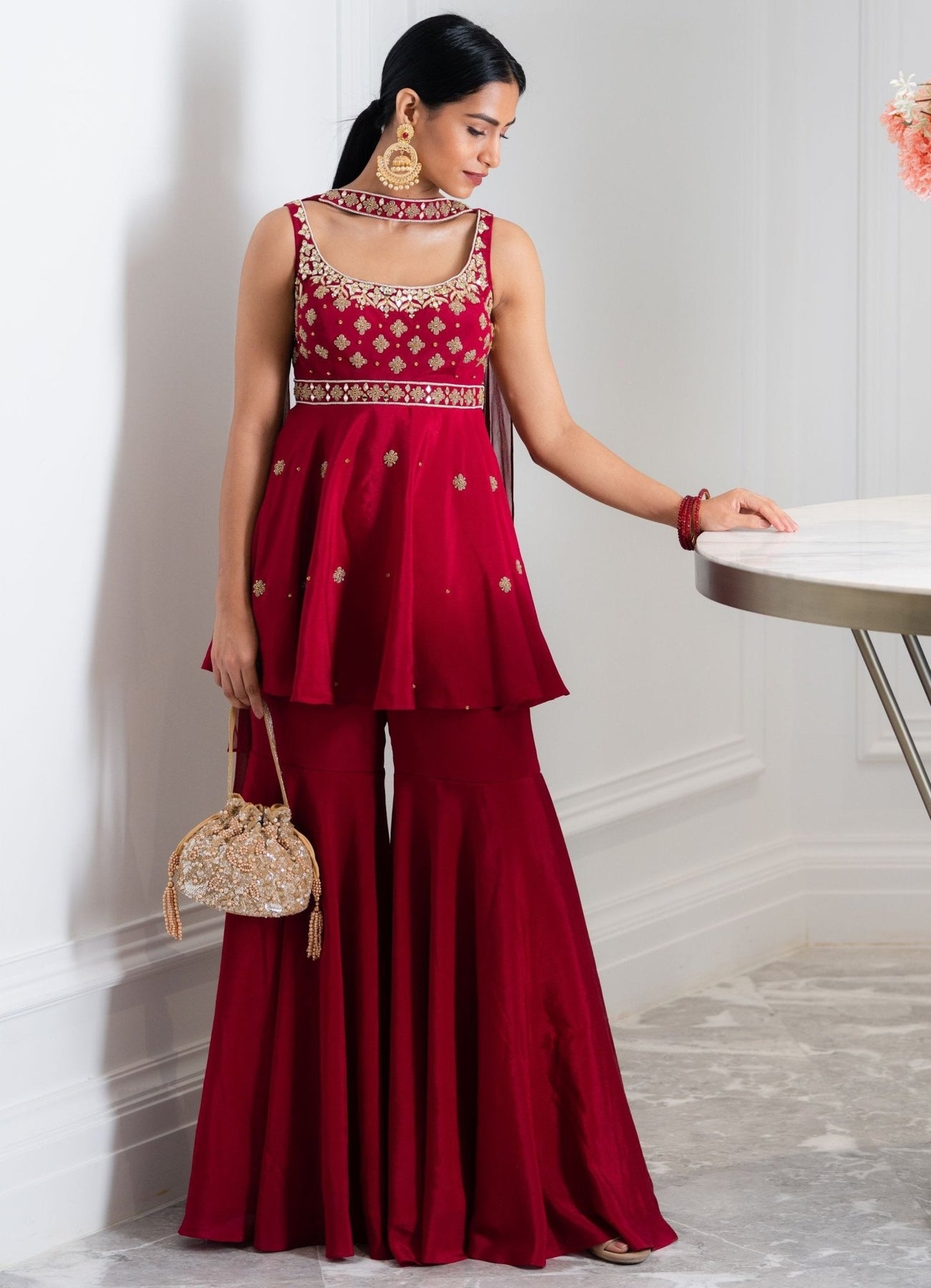 Maroon Embroidered Chiffon Peplum Kurta & Sharara (3-Piece) - Image 1