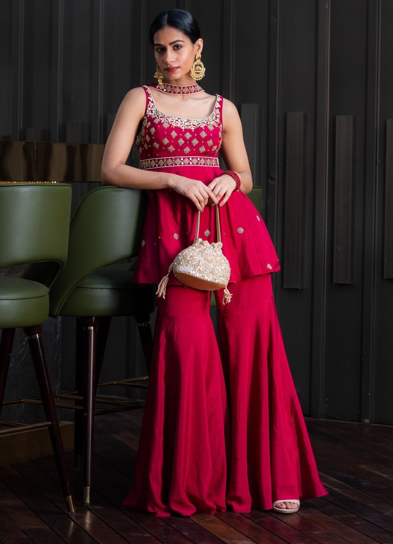Maroon Embroidered Chiffon Peplum Kurta & Sharara (3-Piece) - Image 2