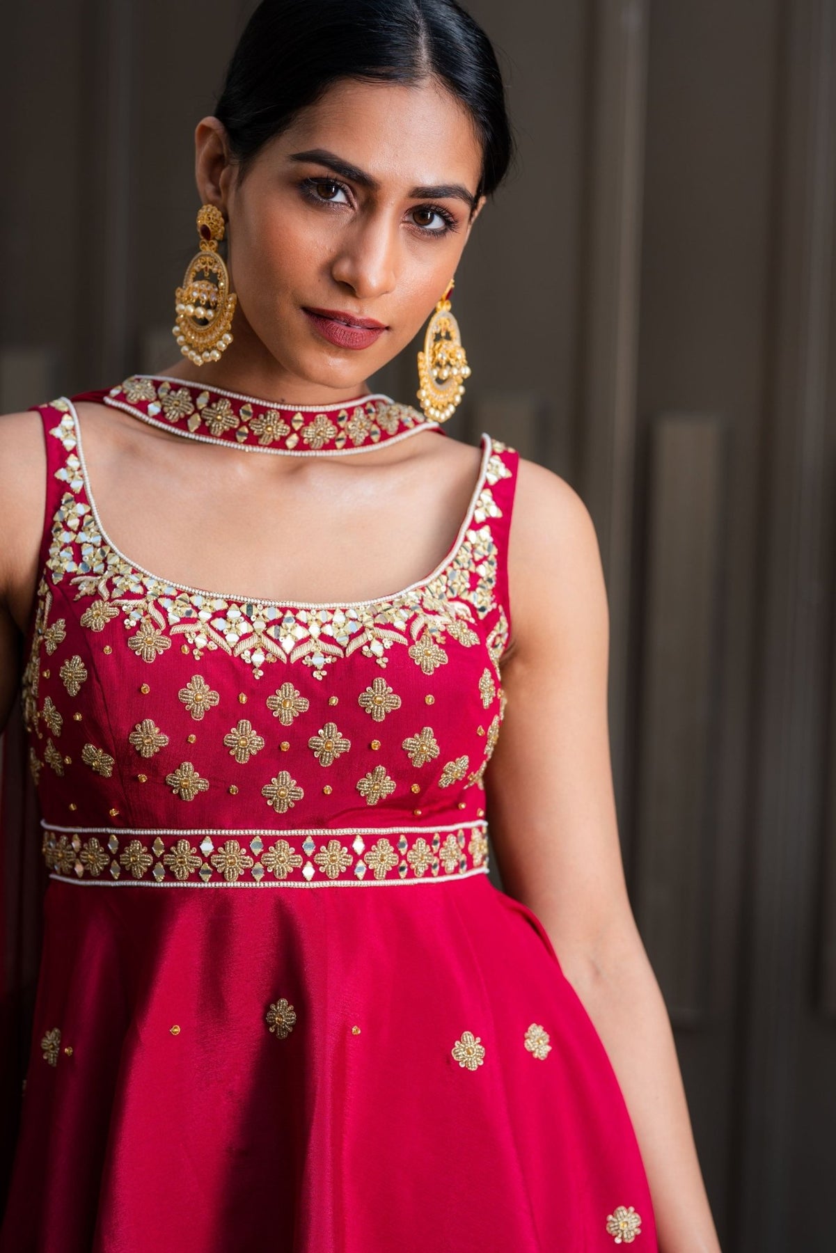 Maroon Embroidered Chiffon Peplum Kurta & Sharara (3-Piece) - Image 3