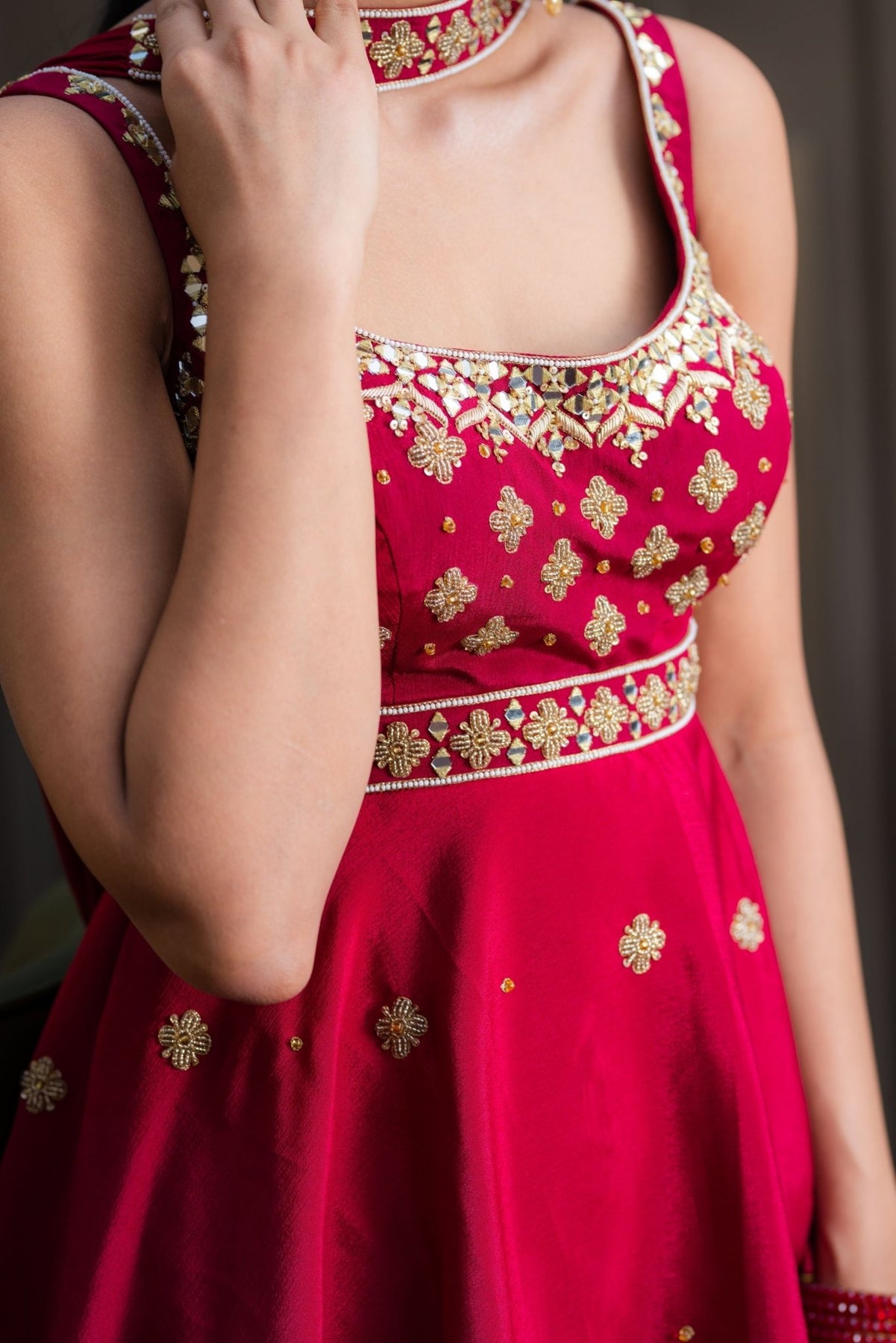 Maroon Embroidered Chiffon Peplum Kurta & Sharara (3-Piece) - Image 4