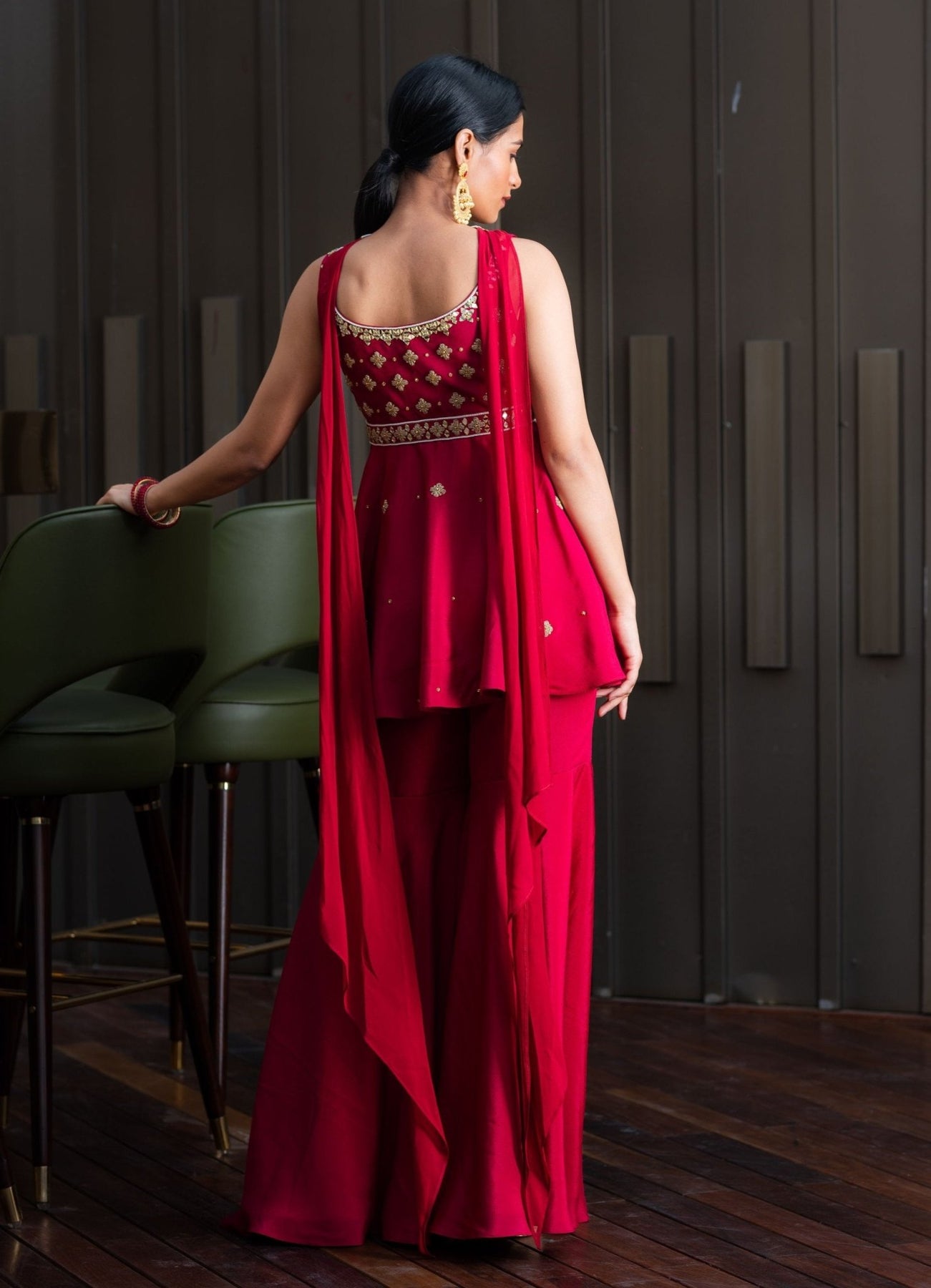 Maroon Embroidered Chiffon Peplum Kurta & Sharara (3-Piece) - Image 5