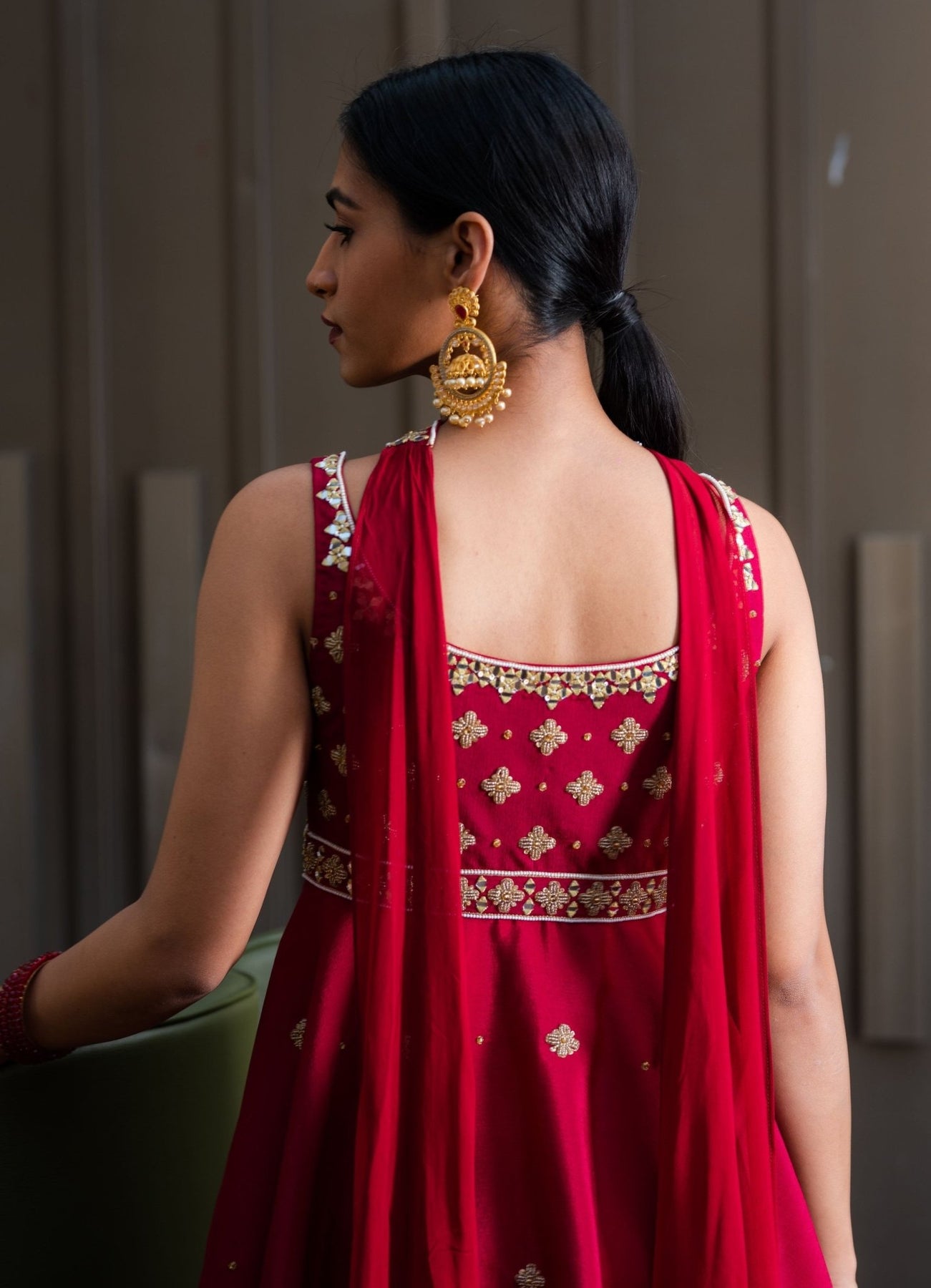 Maroon Embroidered Chiffon Peplum Kurta & Sharara (3-Piece) - Image 6